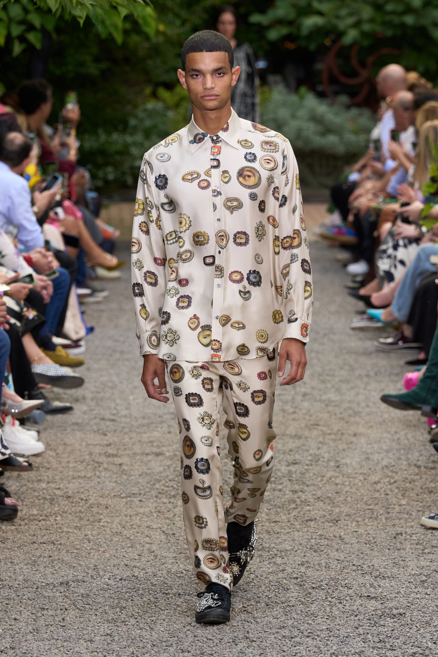 beige printed silk shirt and pants