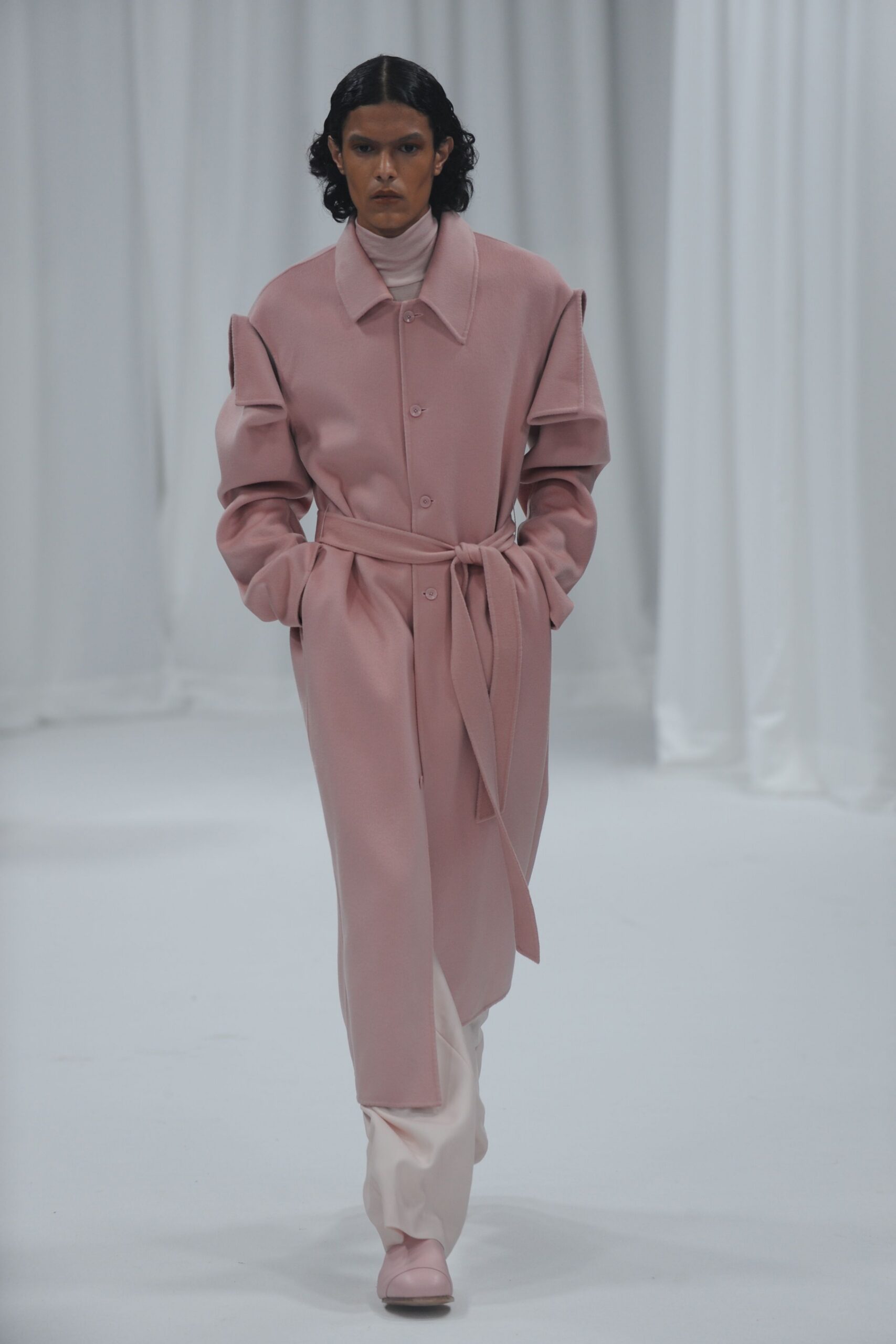pink wool long-sleeve collared fitted belted coat