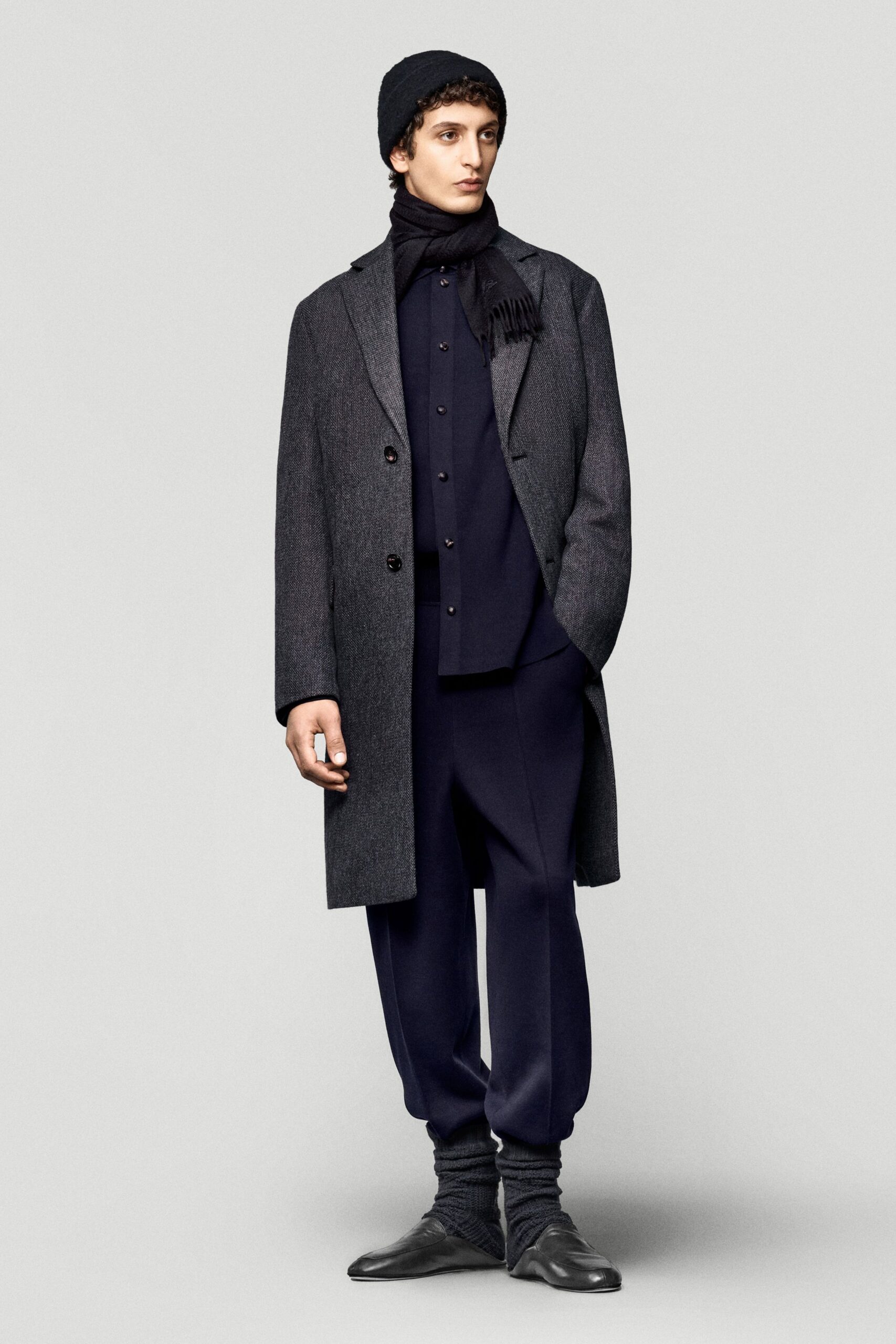 gray wool long-sleeve double-breasted structured coat