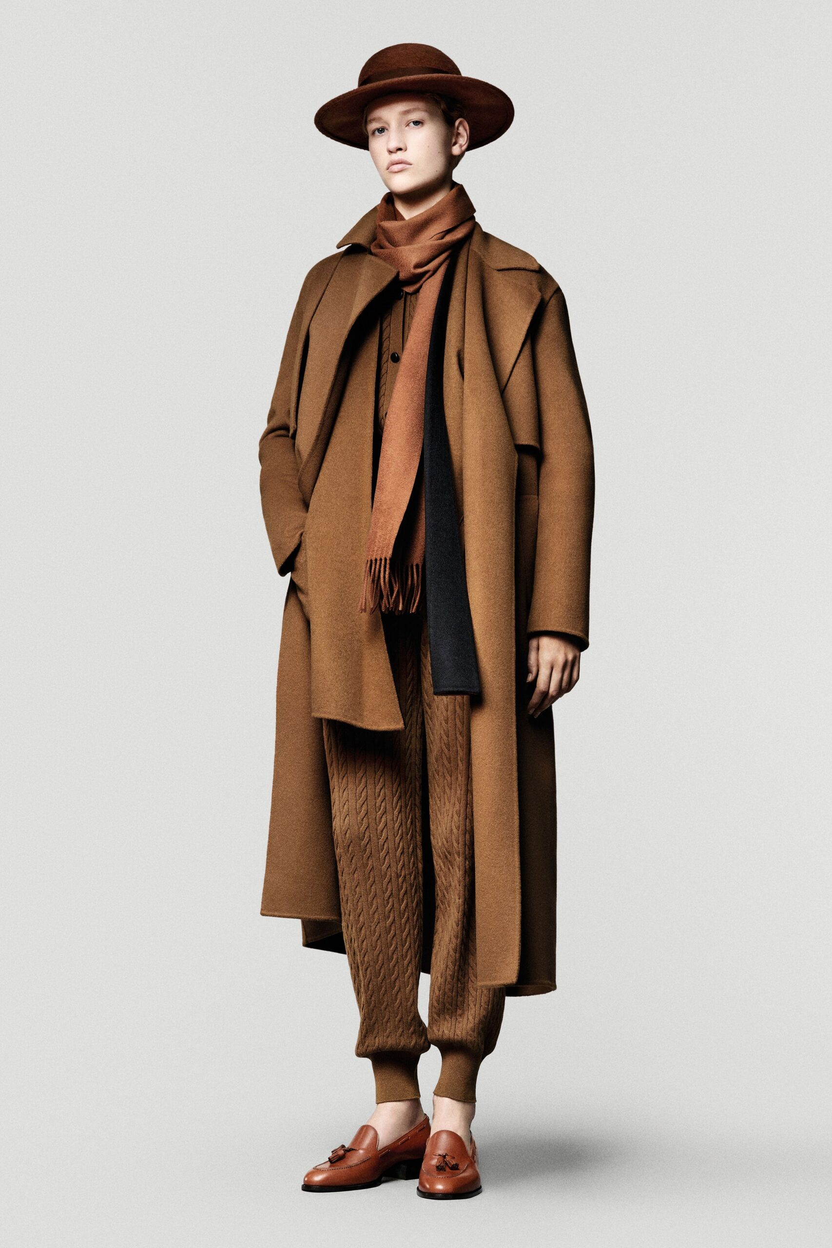 brown wool long-sleeve collared relaxed belted maxi coat