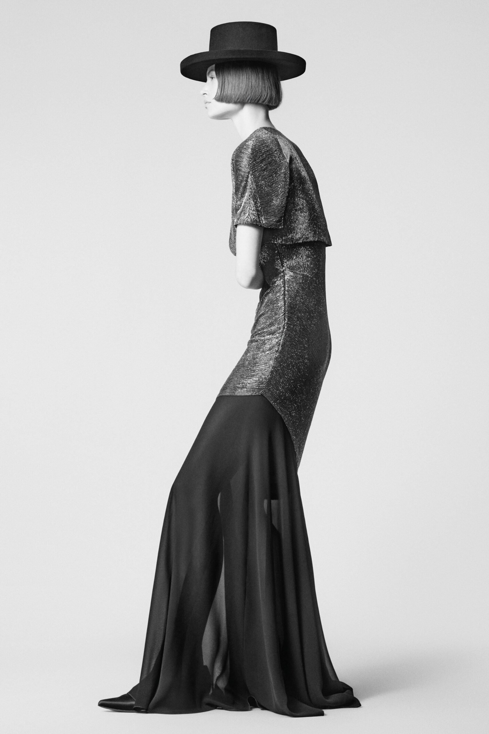 black silk short-sleeve v-neck fitted draped layered gown