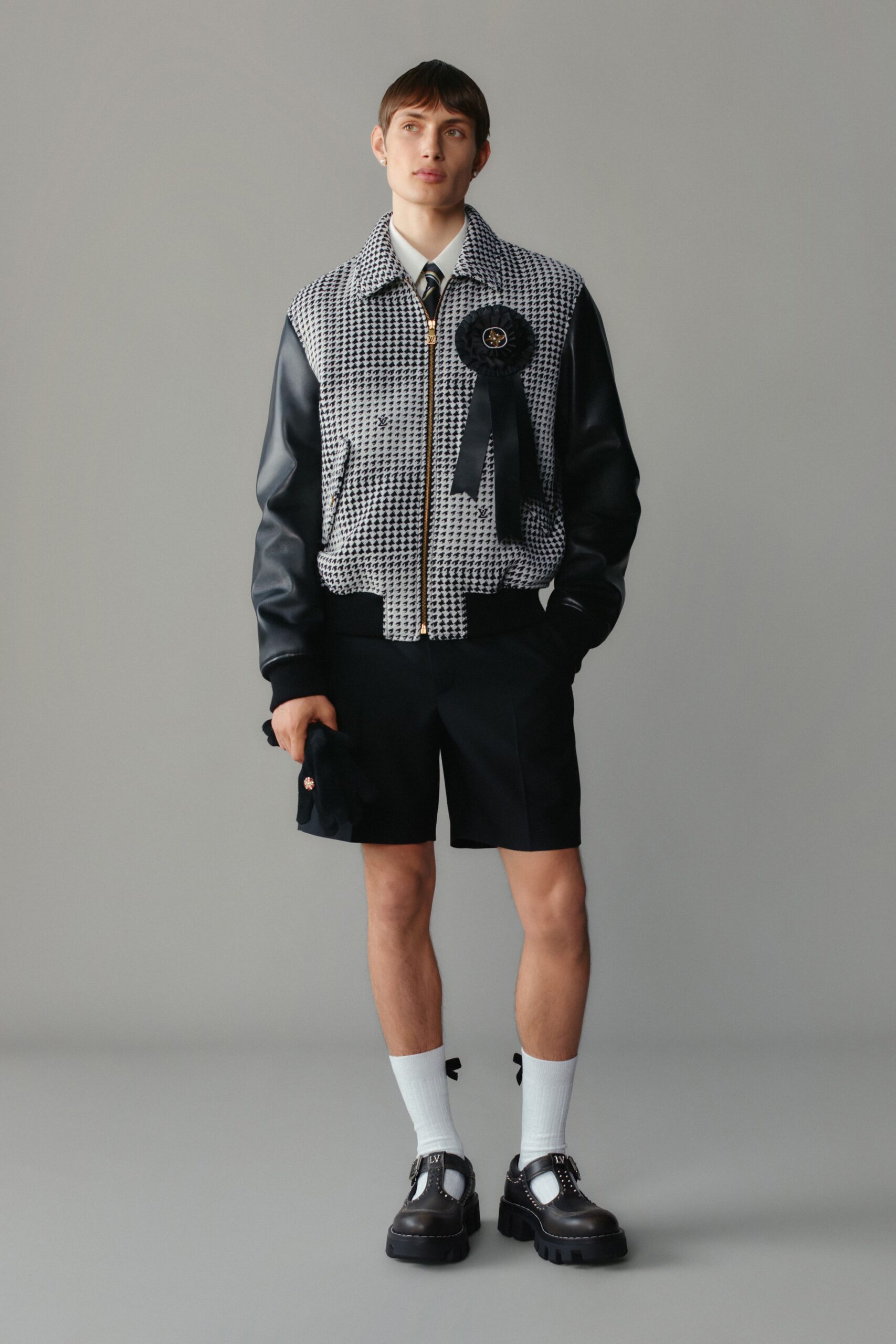 black and white fitted jacket with shorts