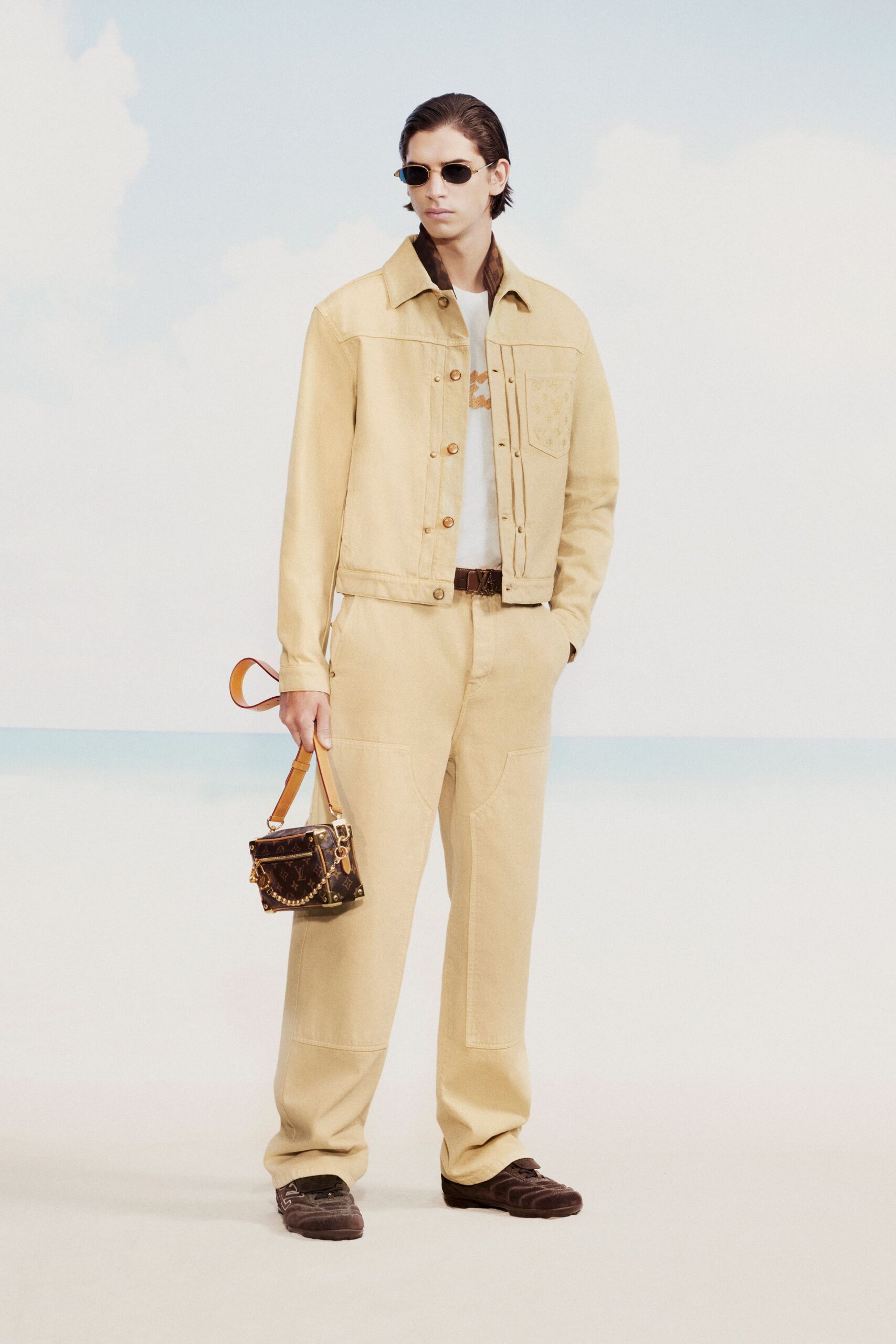 beige denim long-sleeve collared relaxed buttoned jacket