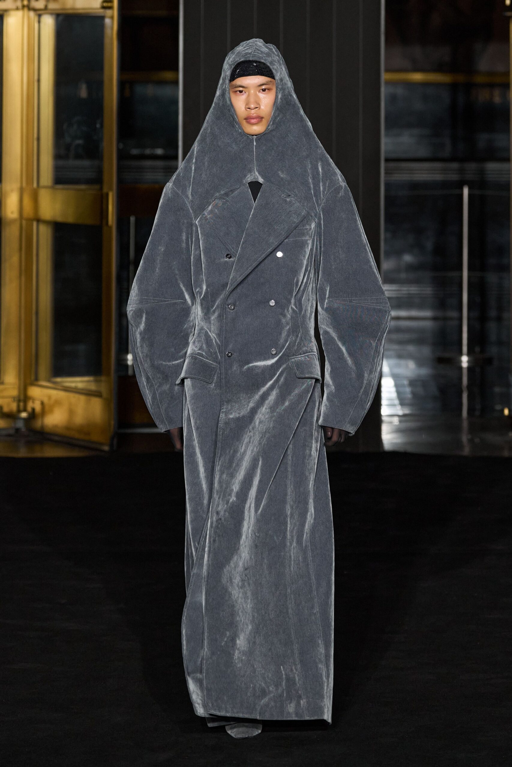 gray velvet long-sleeve collared oversized draped textured coat