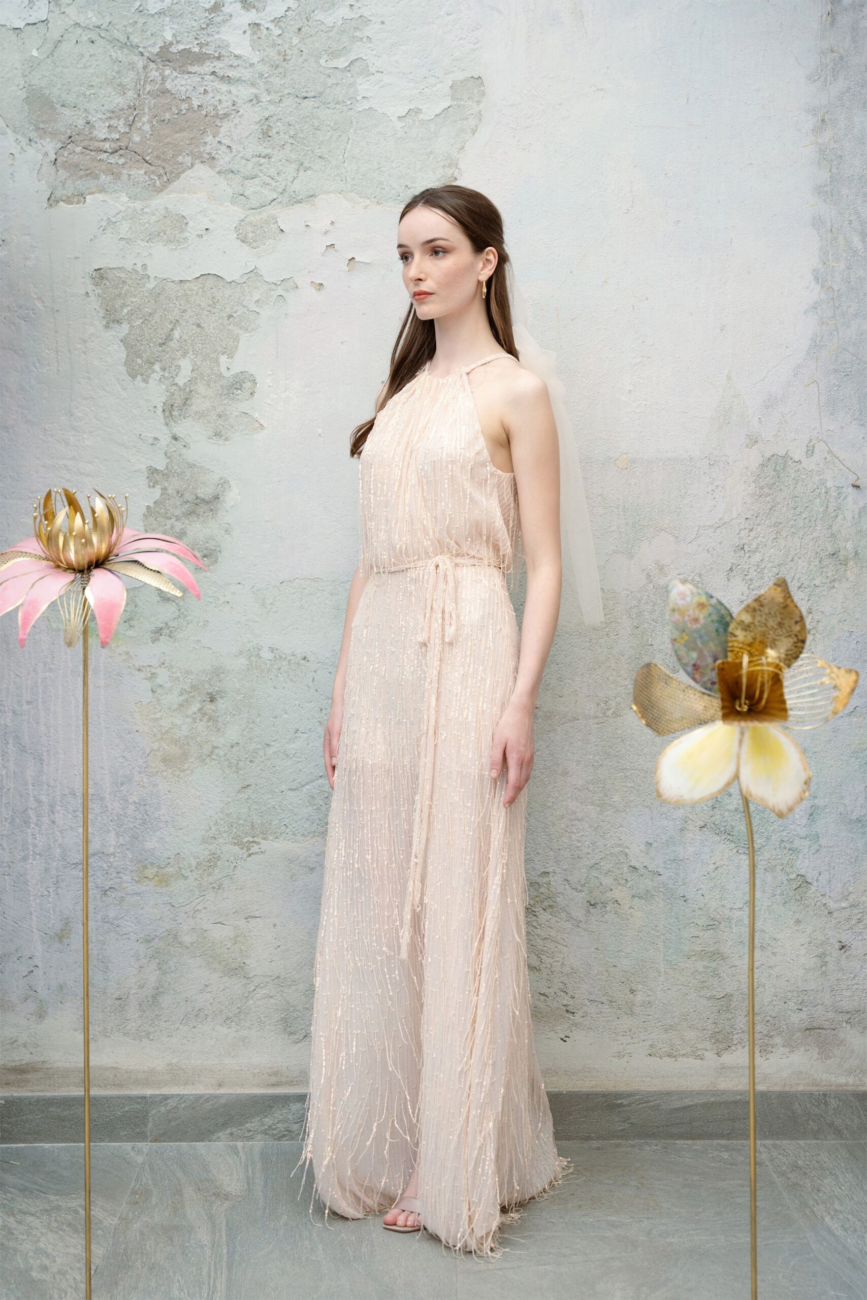 beige silk fringed gown