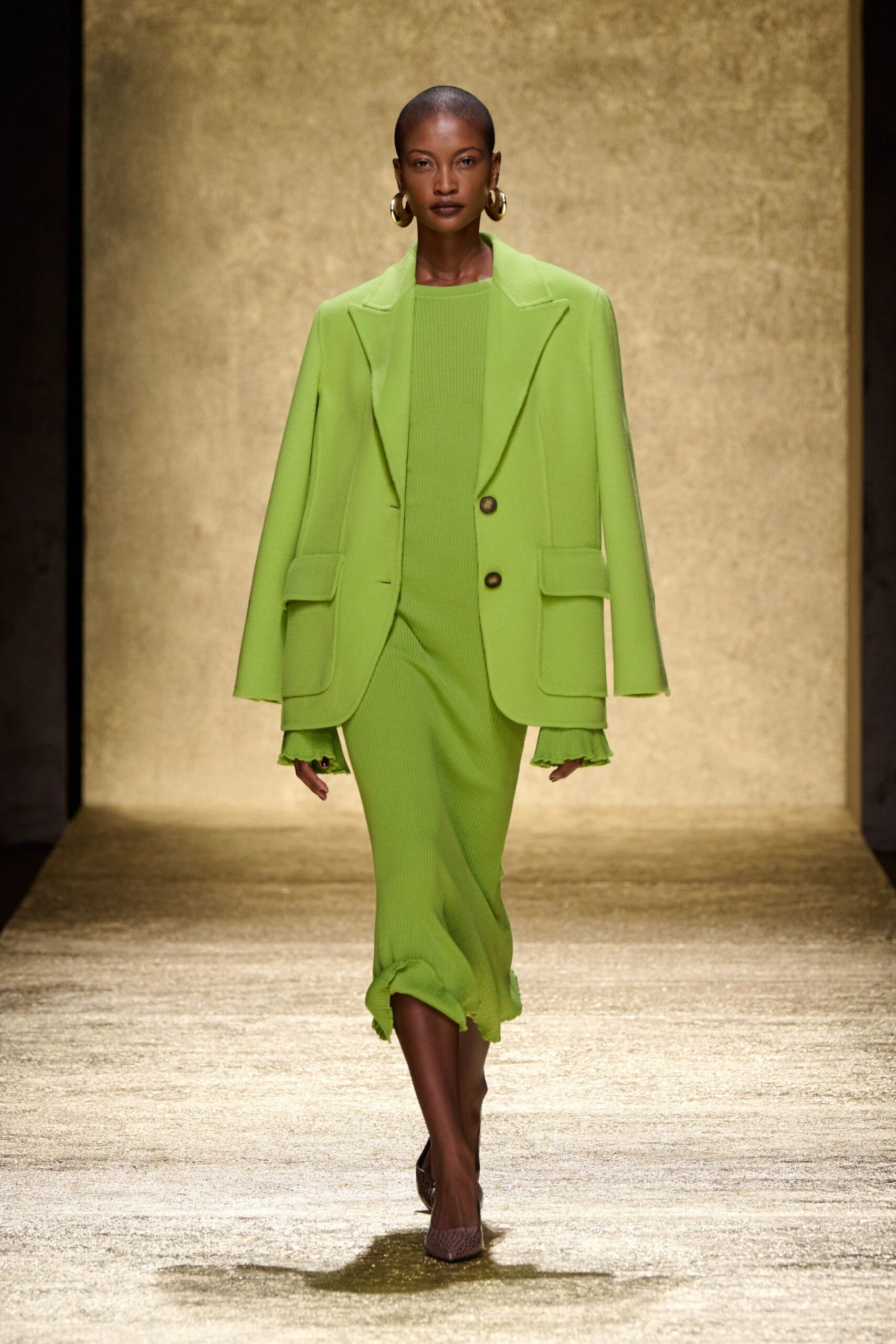 green midi dress with structured jacket