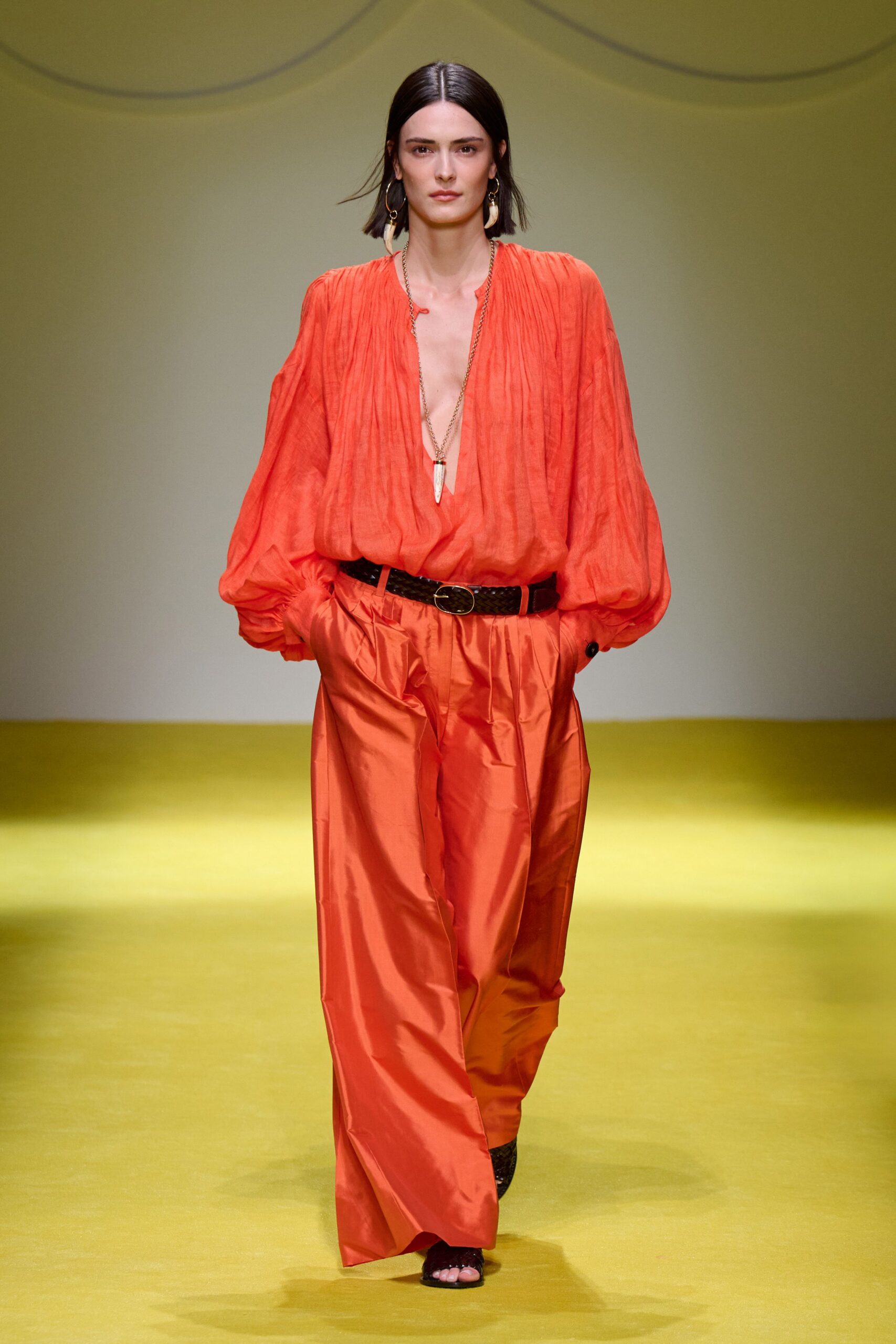 orange silk relaxed top and pants