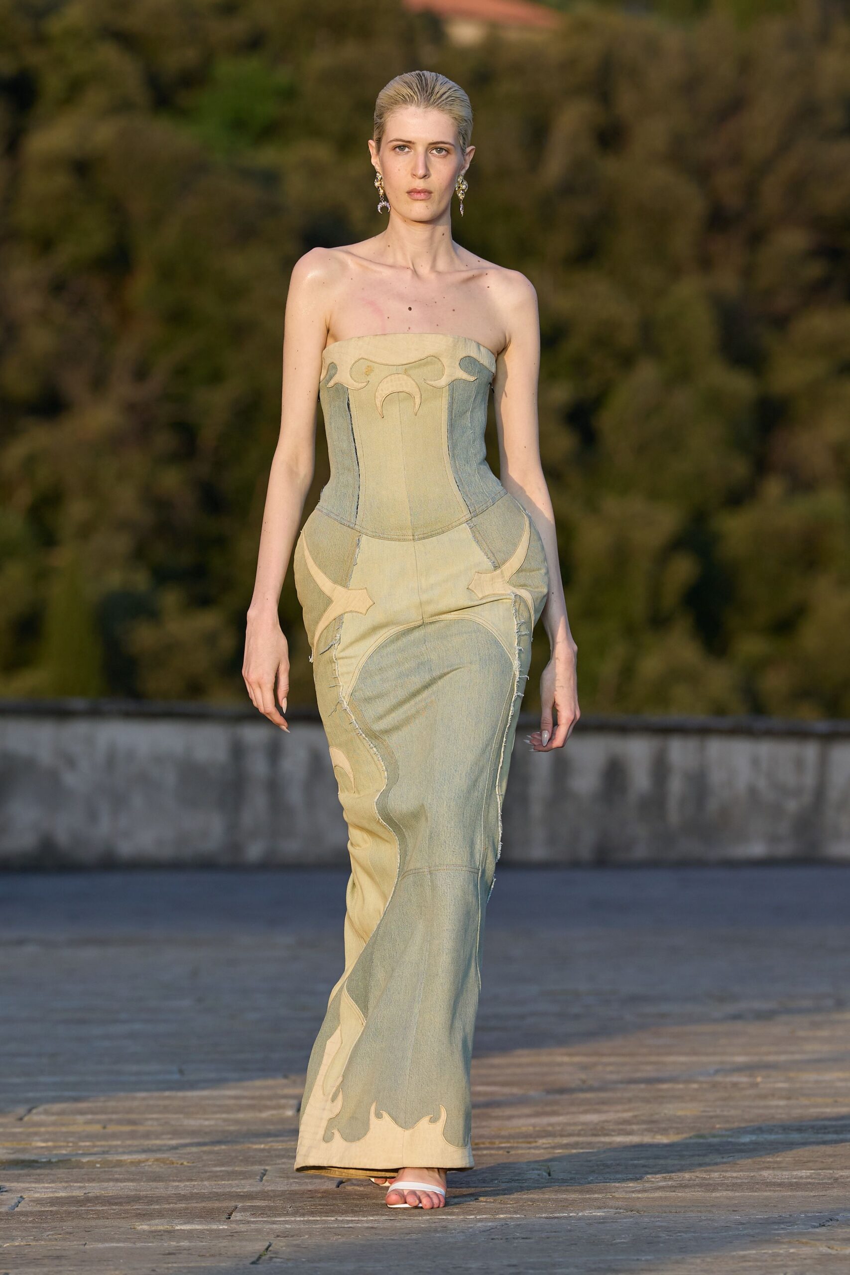 beige denim strapless fitted embroidered maxi gown
