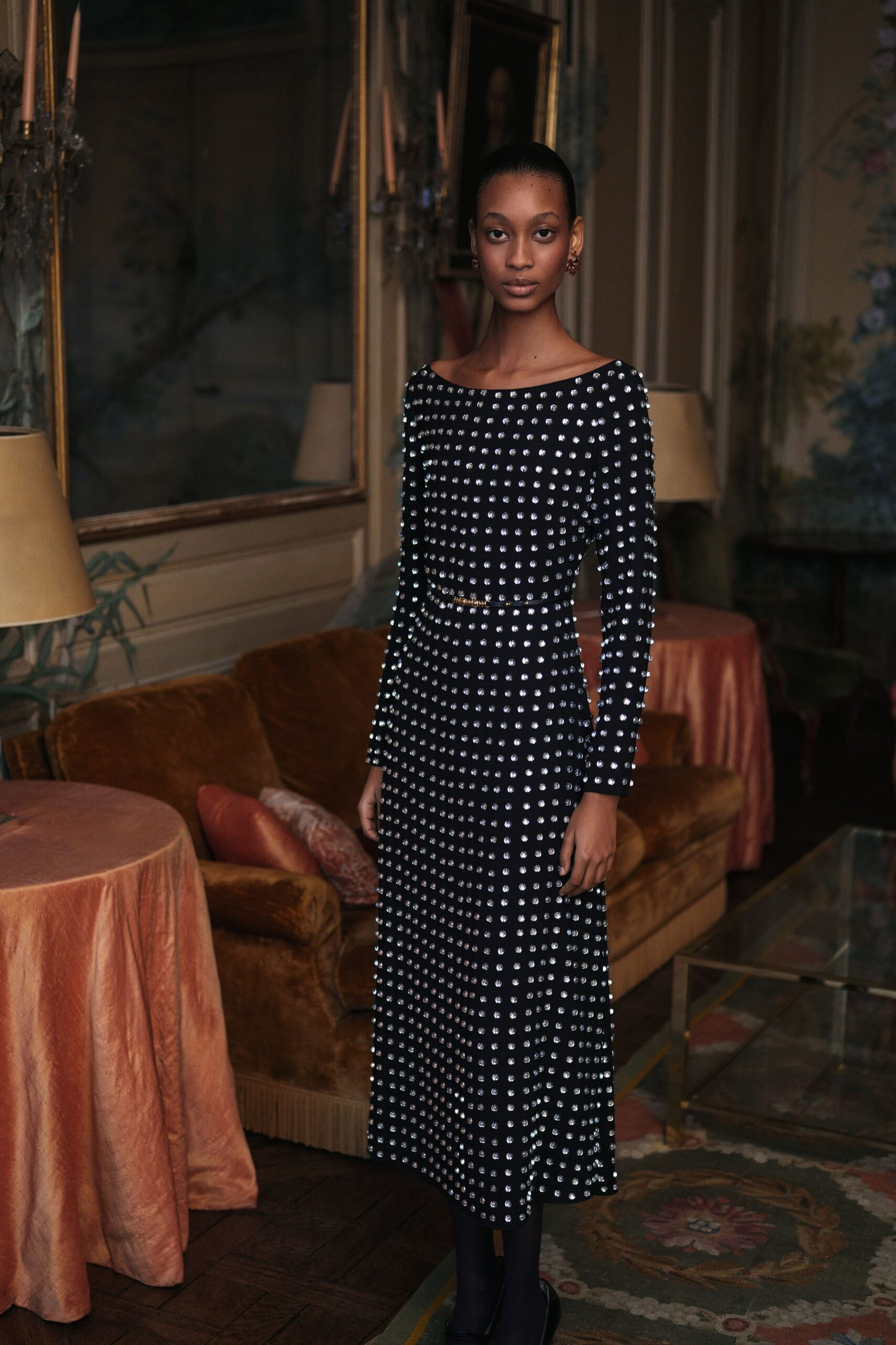 black and white polka-dot midi dress
