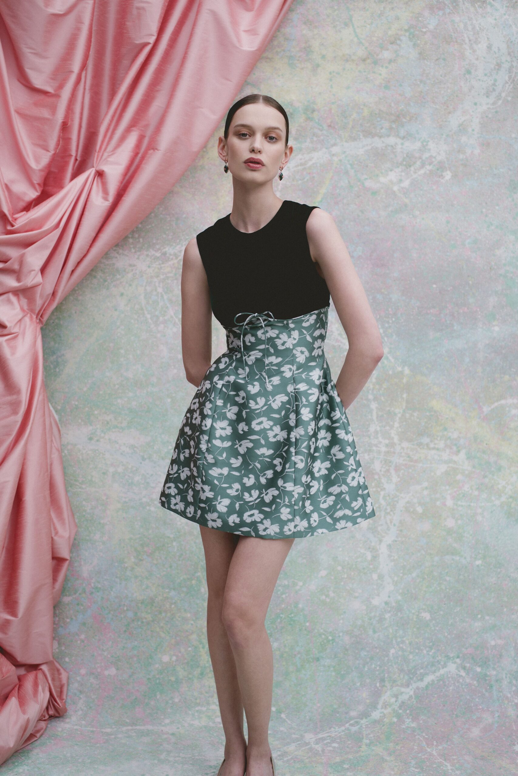 black cotton sleeveless v-neck fitted flared printed dress