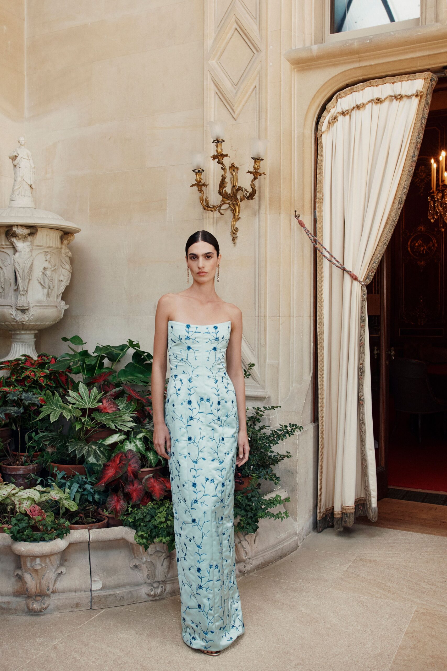 blue silk strapless gown