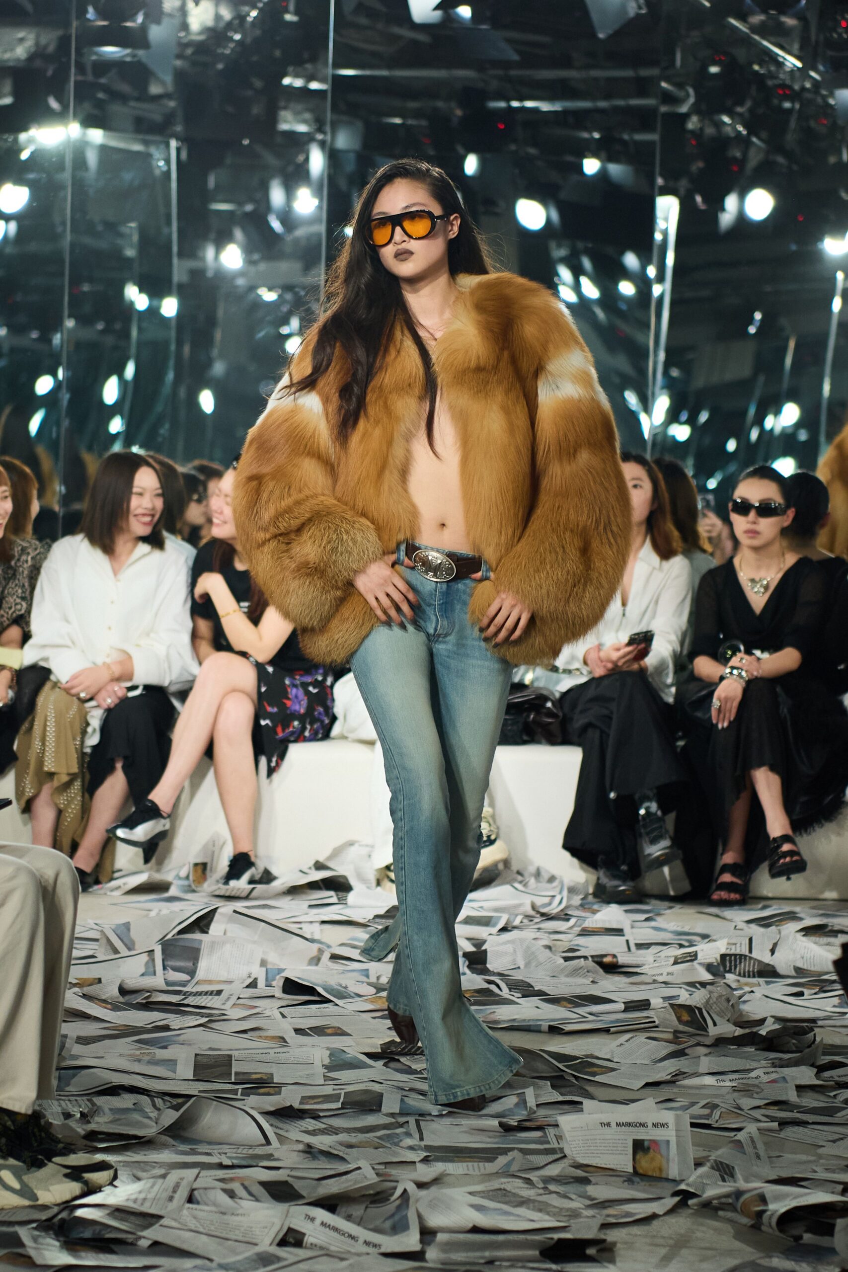 brown fur coat with jeans