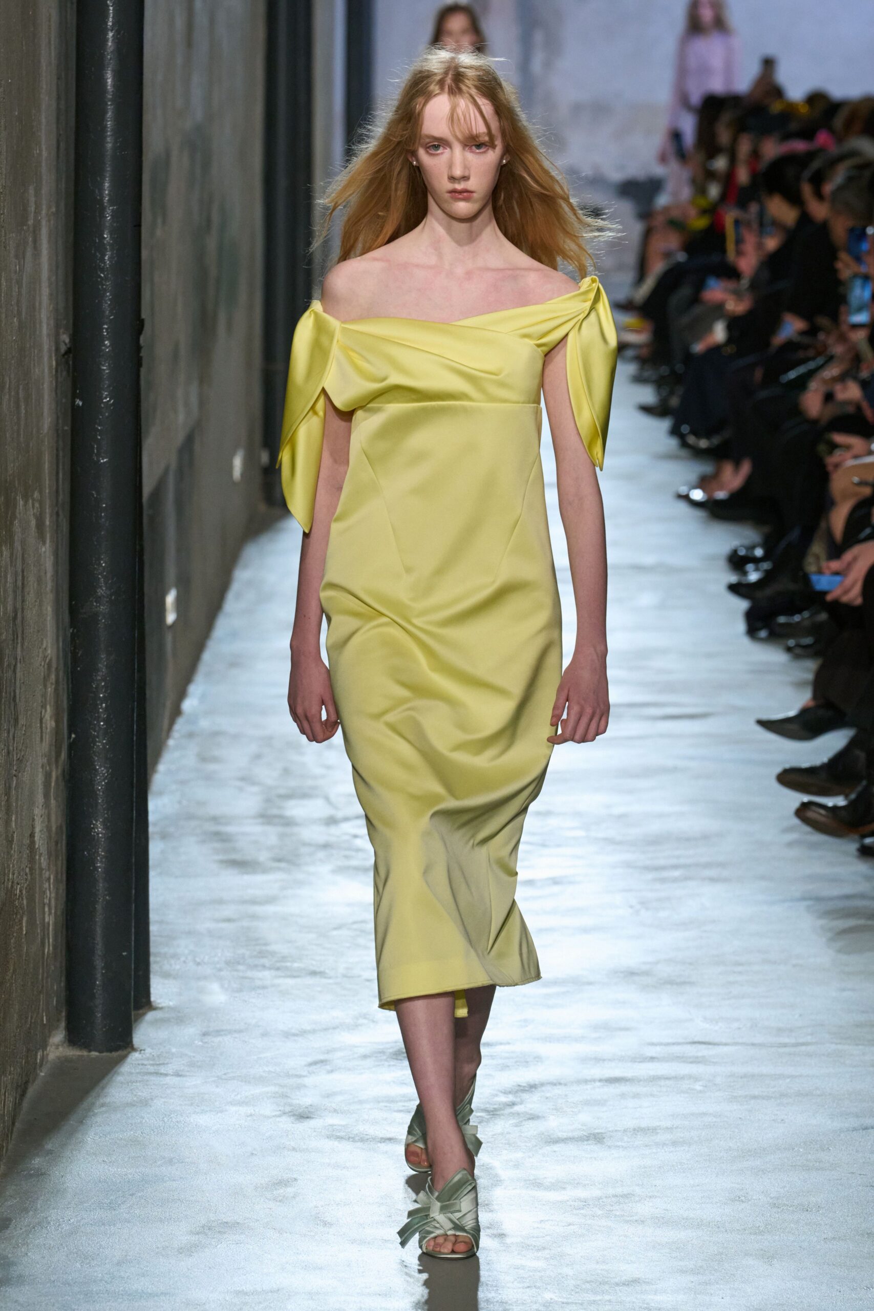 yellow silk sleeveless off-shoulder fitted draped midi dress