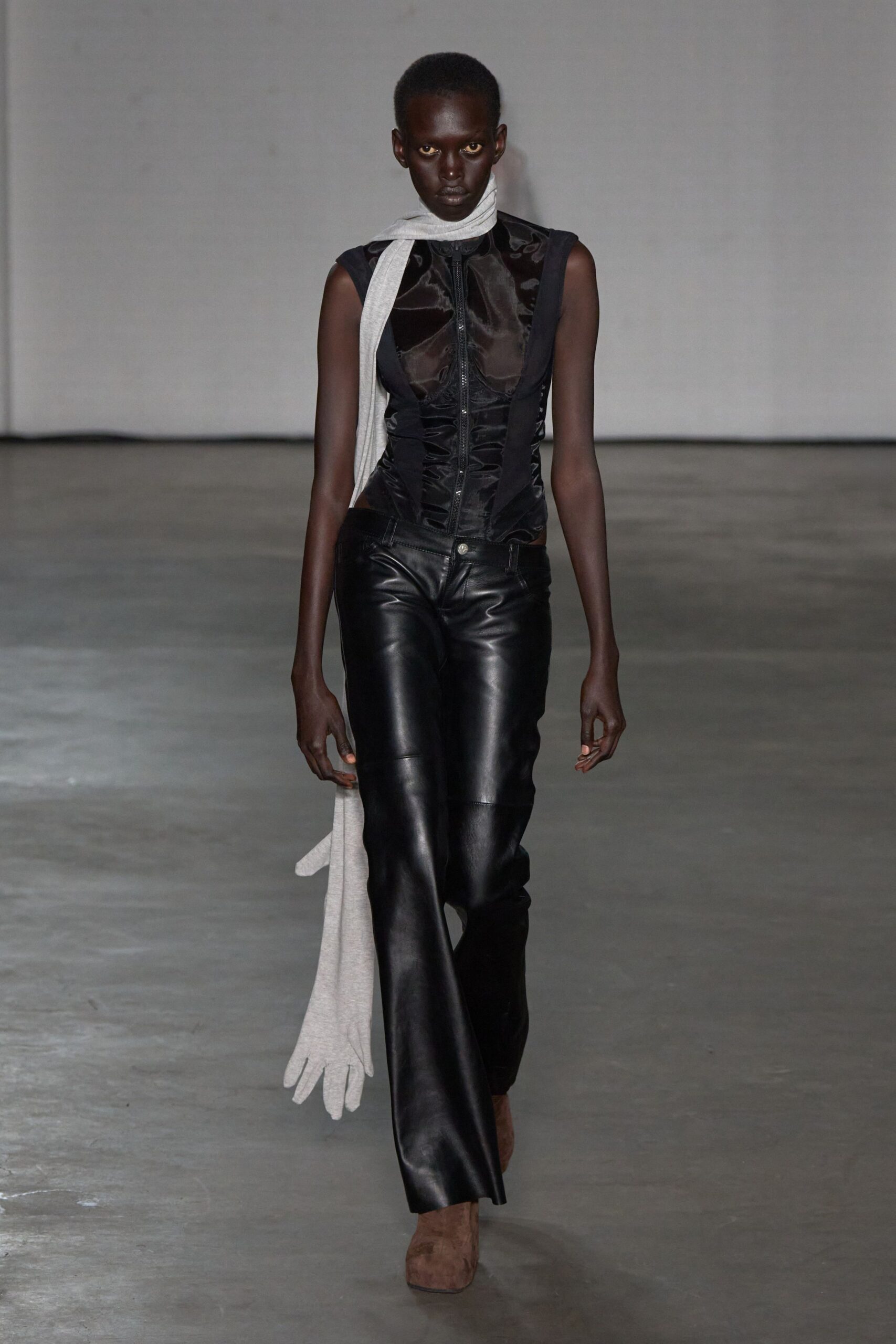 black leather fitted top and pants