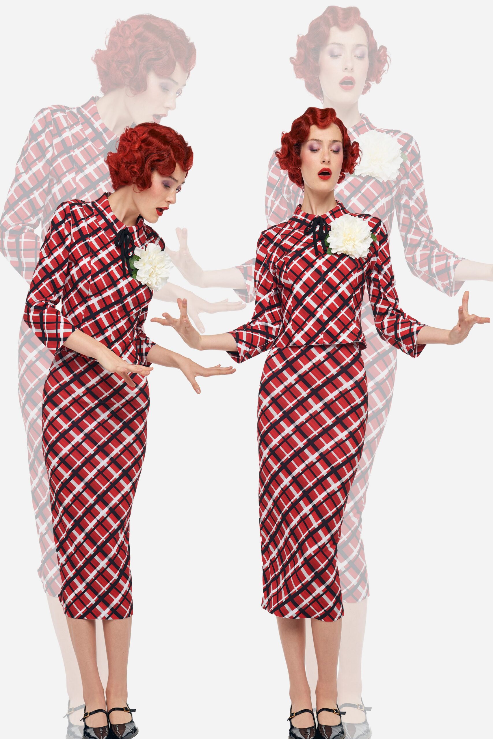 red cotton long-sleeve collared fitted checked pencil dress
