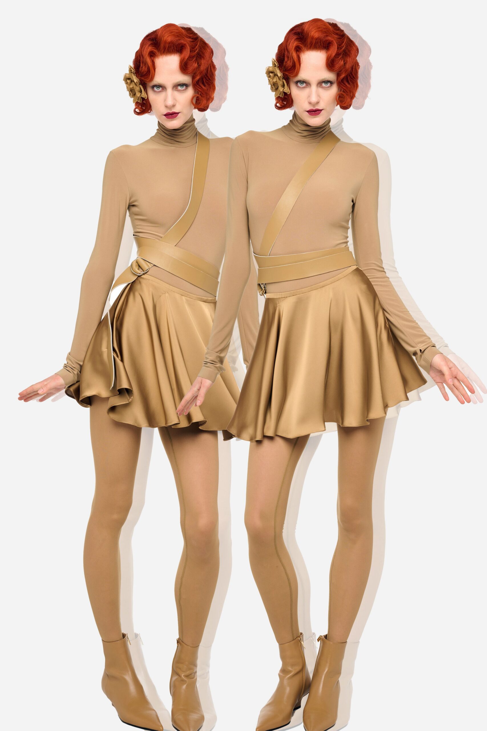 beige silk long-sleeve turtleneck fitted pleated layered dress