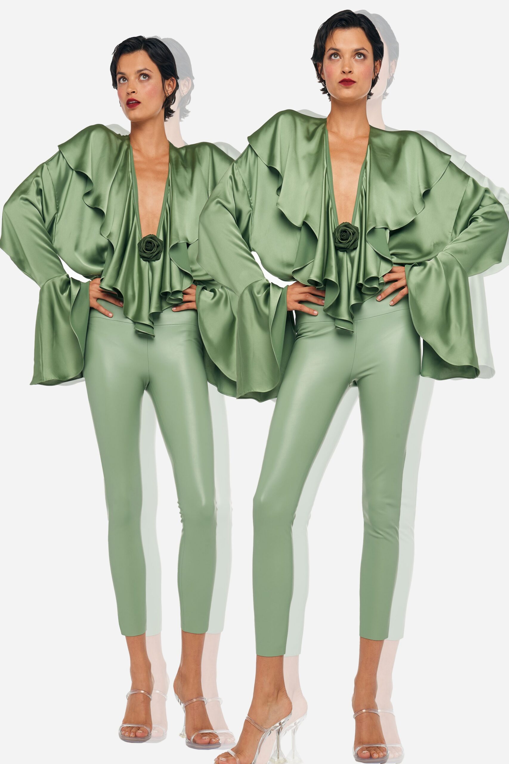 green vinyl fitted straight-leg pants