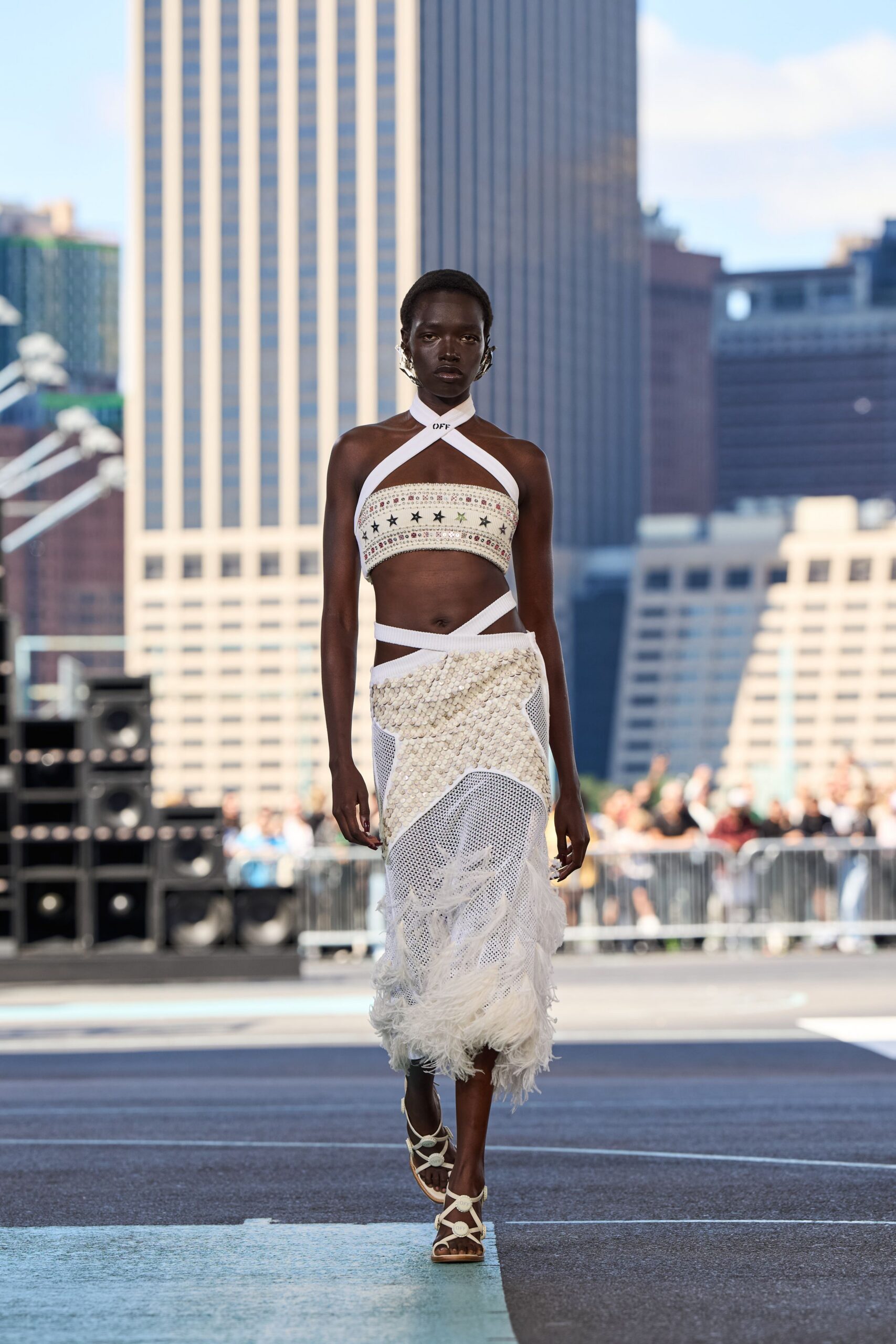 white cotton fitted high-waisted tiered fringed midi skirt