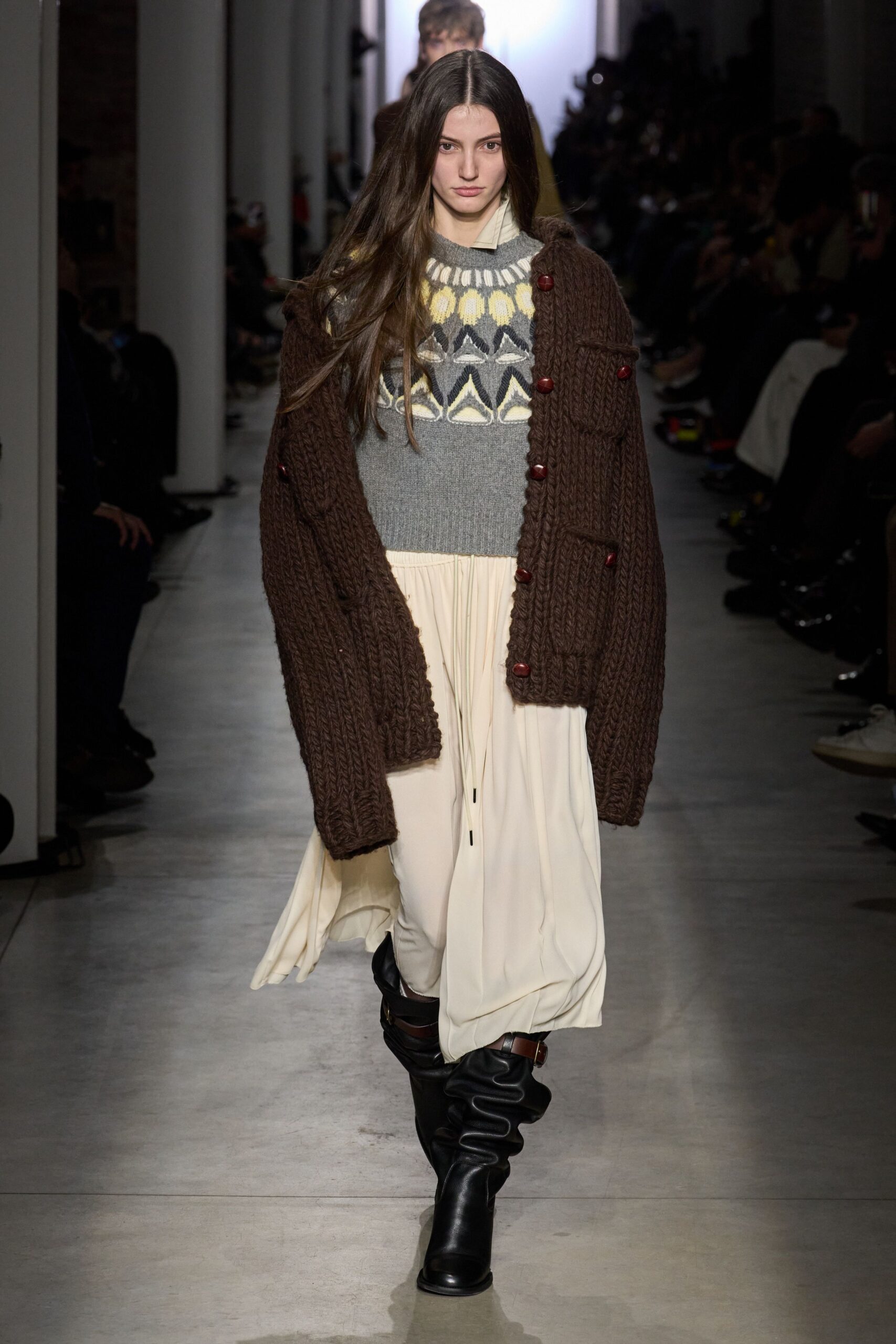 gray wool sweater white midi dress black boots