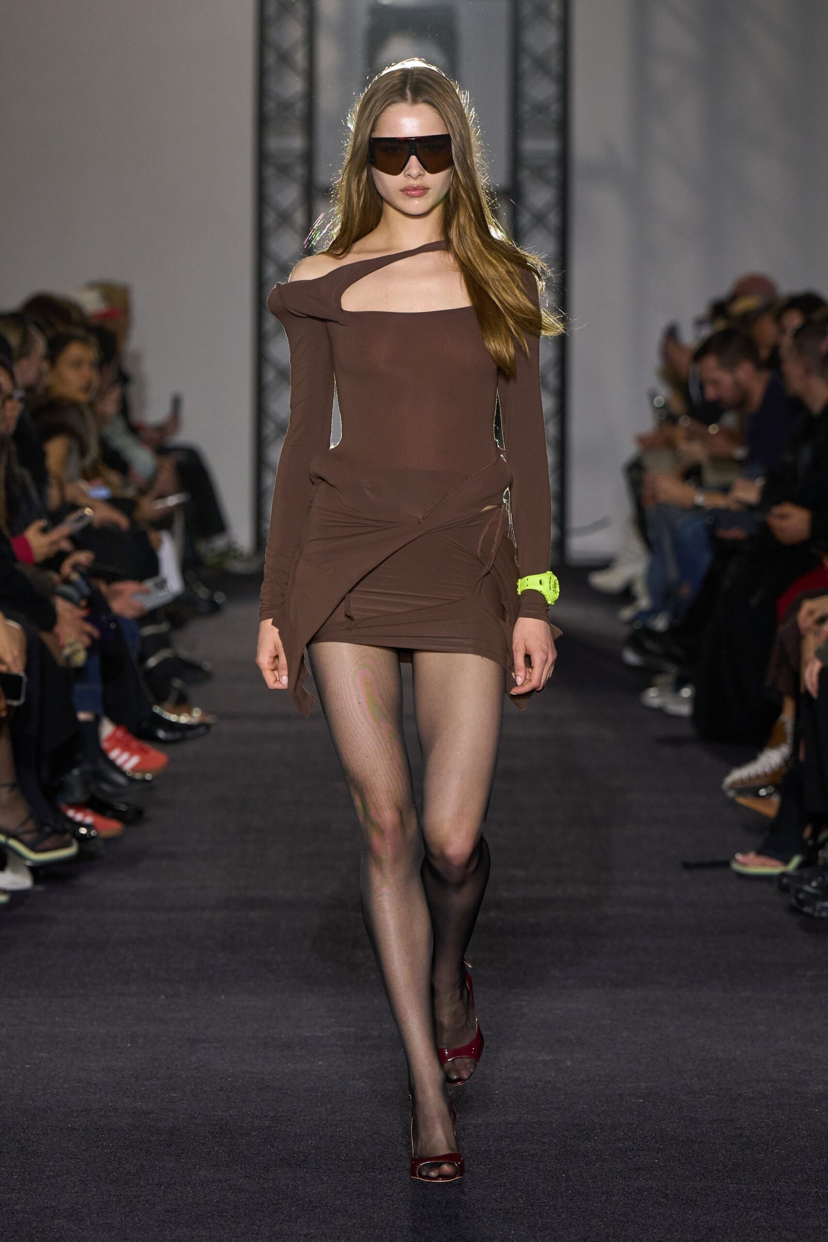 brown fitted asymmetric mini dress