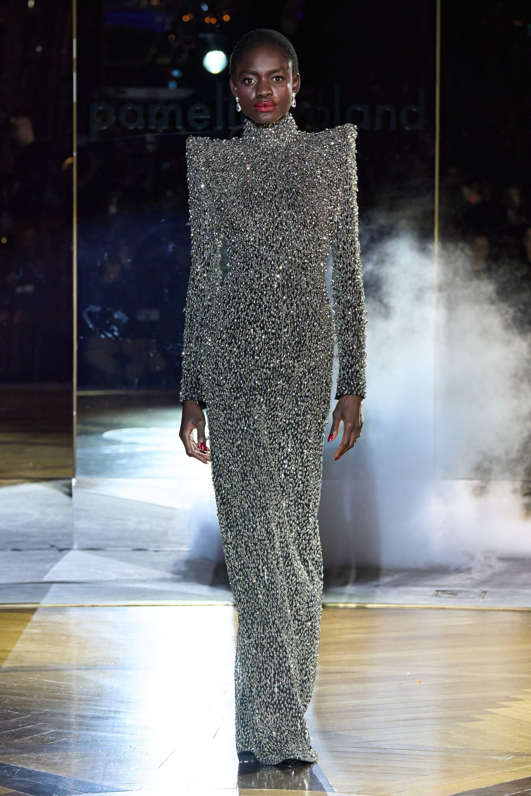 silver sequin long-sleeve gown