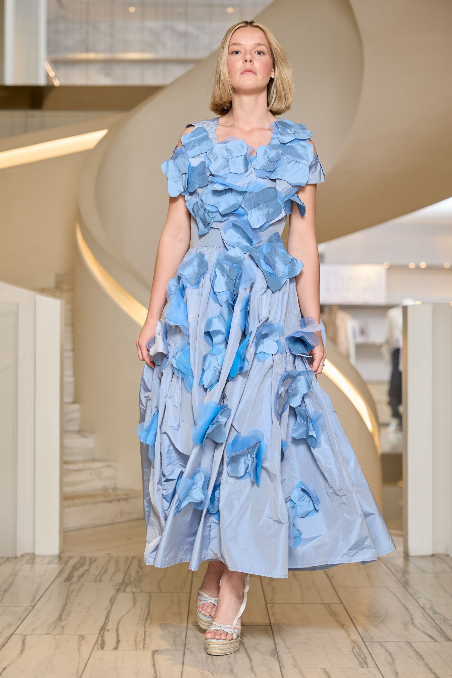 blue ruffled midi dress with platform shoes