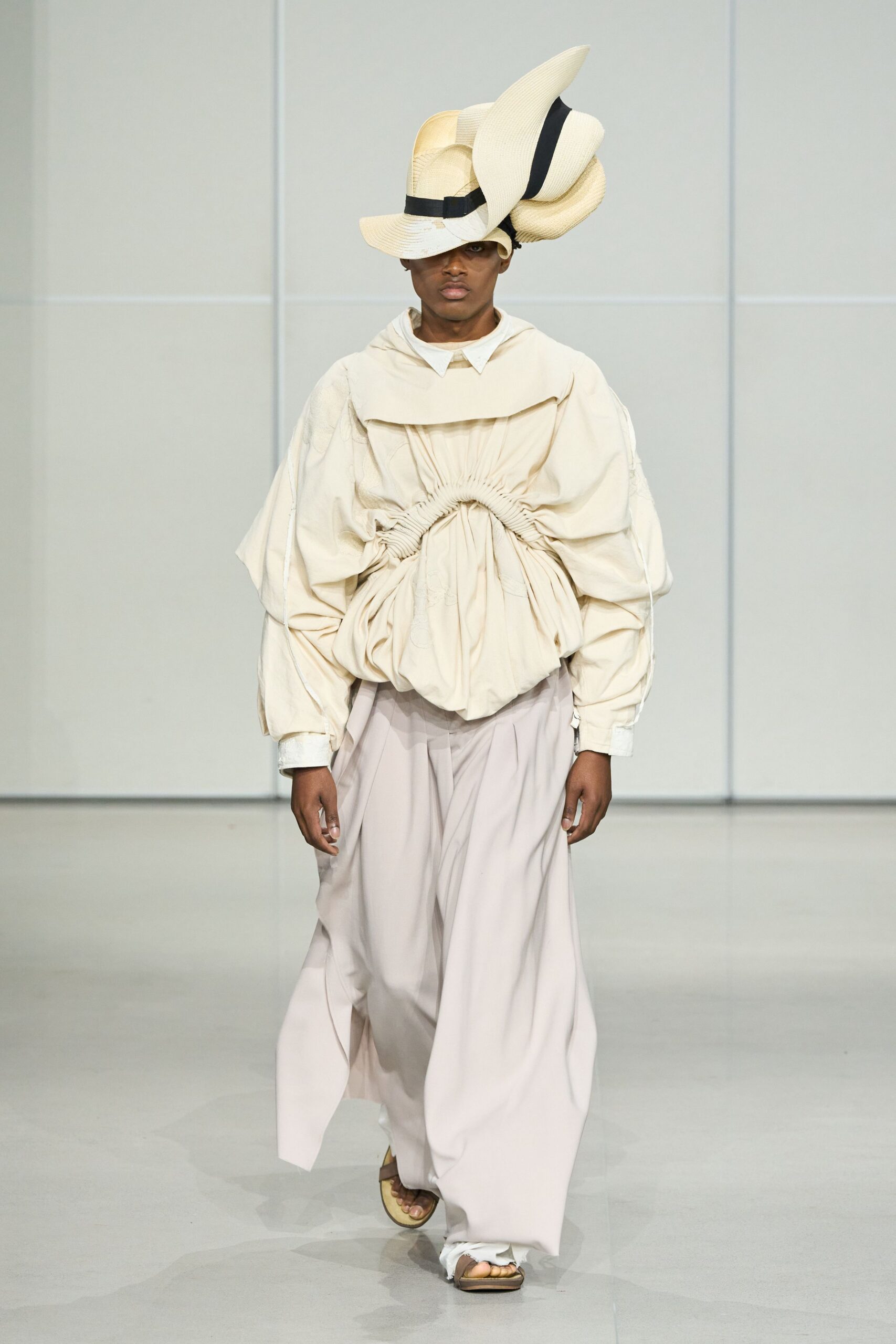 beige cotton long-sleeve collared oversized draped top