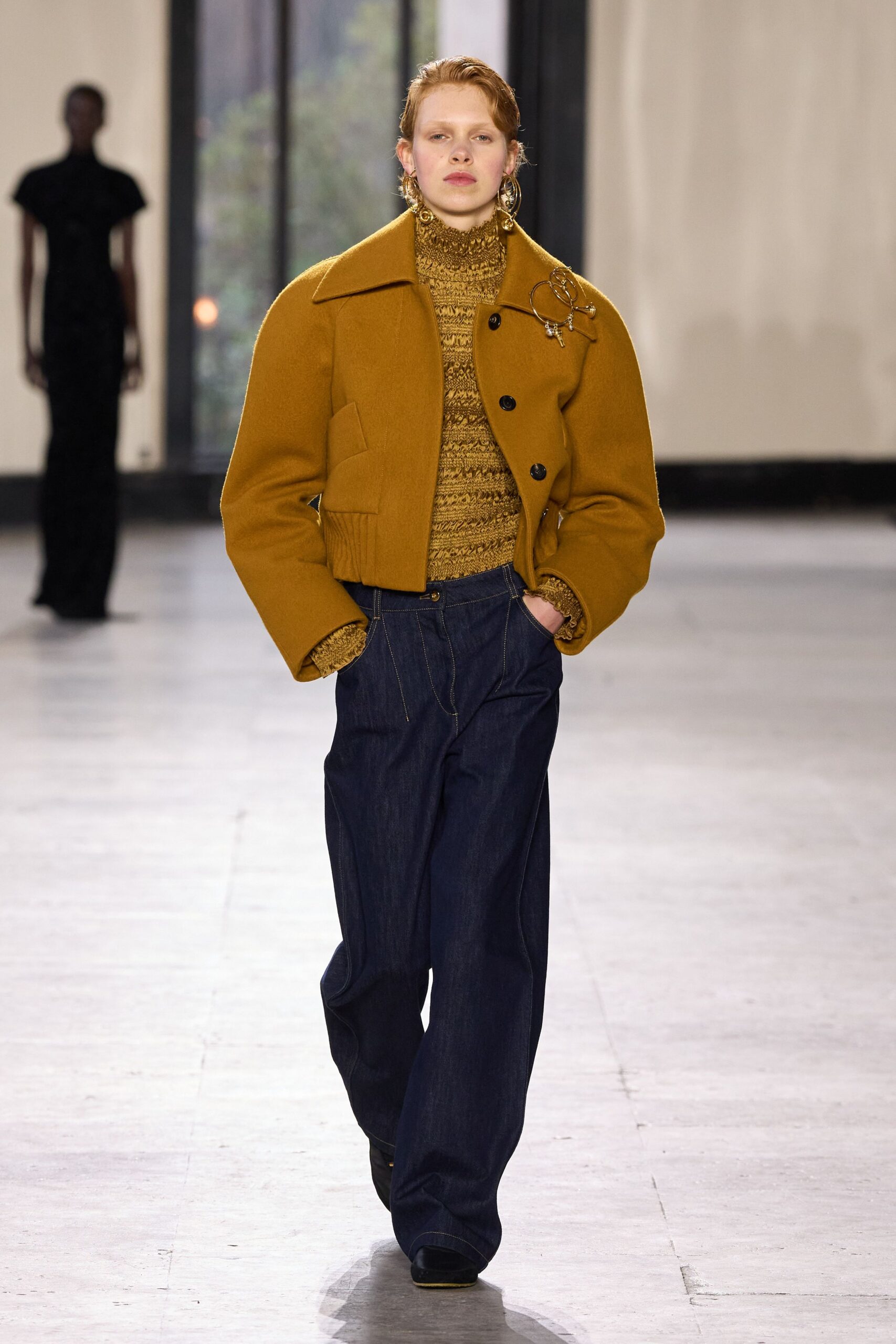 yellow wool long-sleeve collared structured jacket