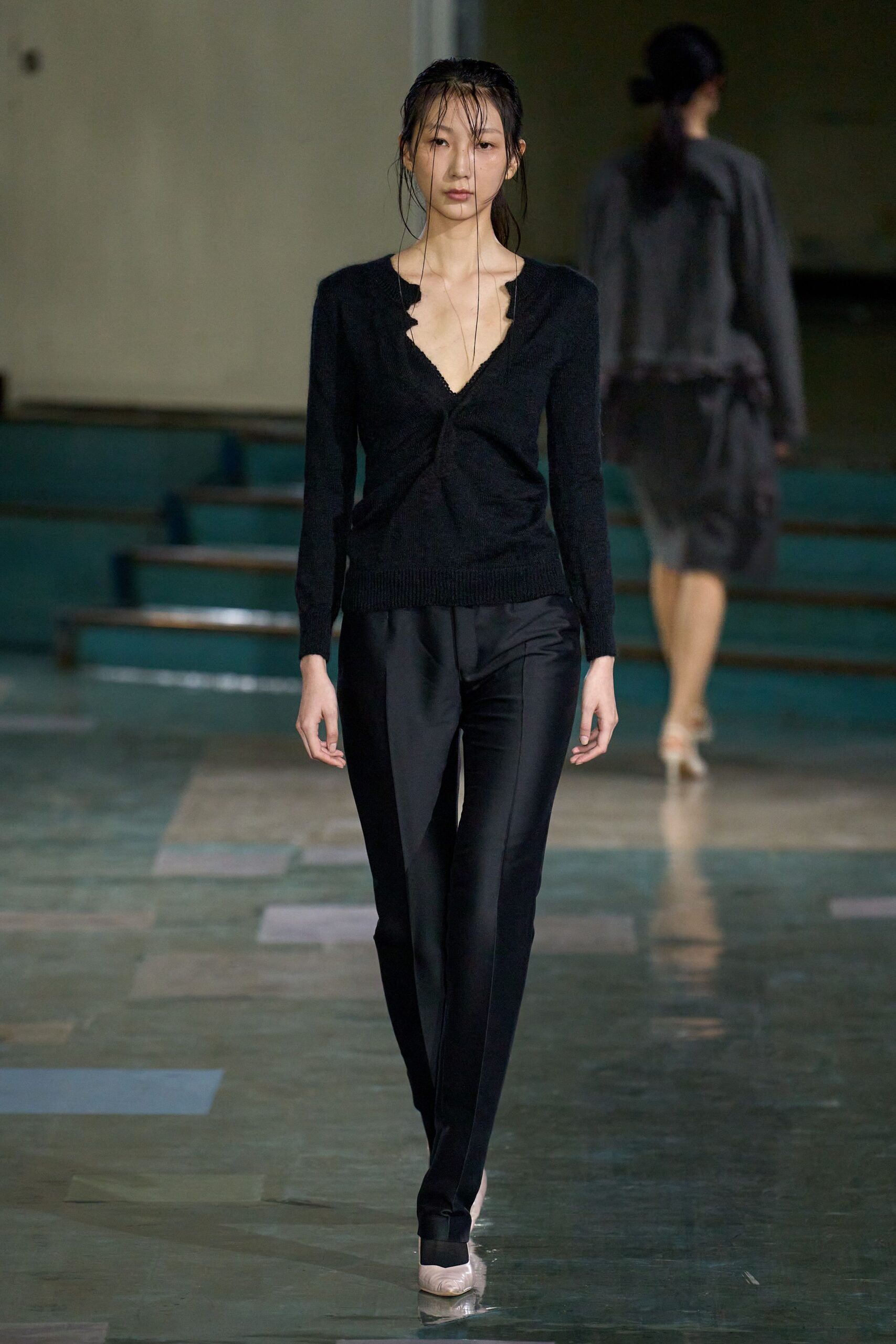 black silk slim straight-leg pants