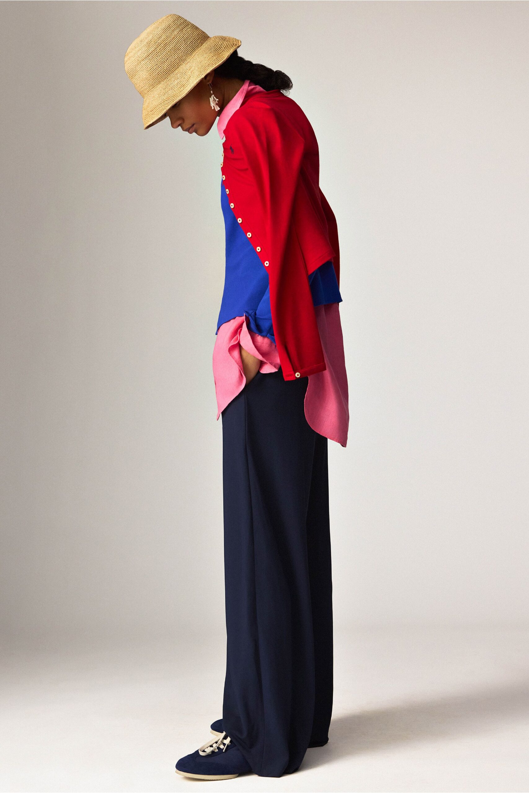 red silk long-sleeve collared relaxed layered buttoned top