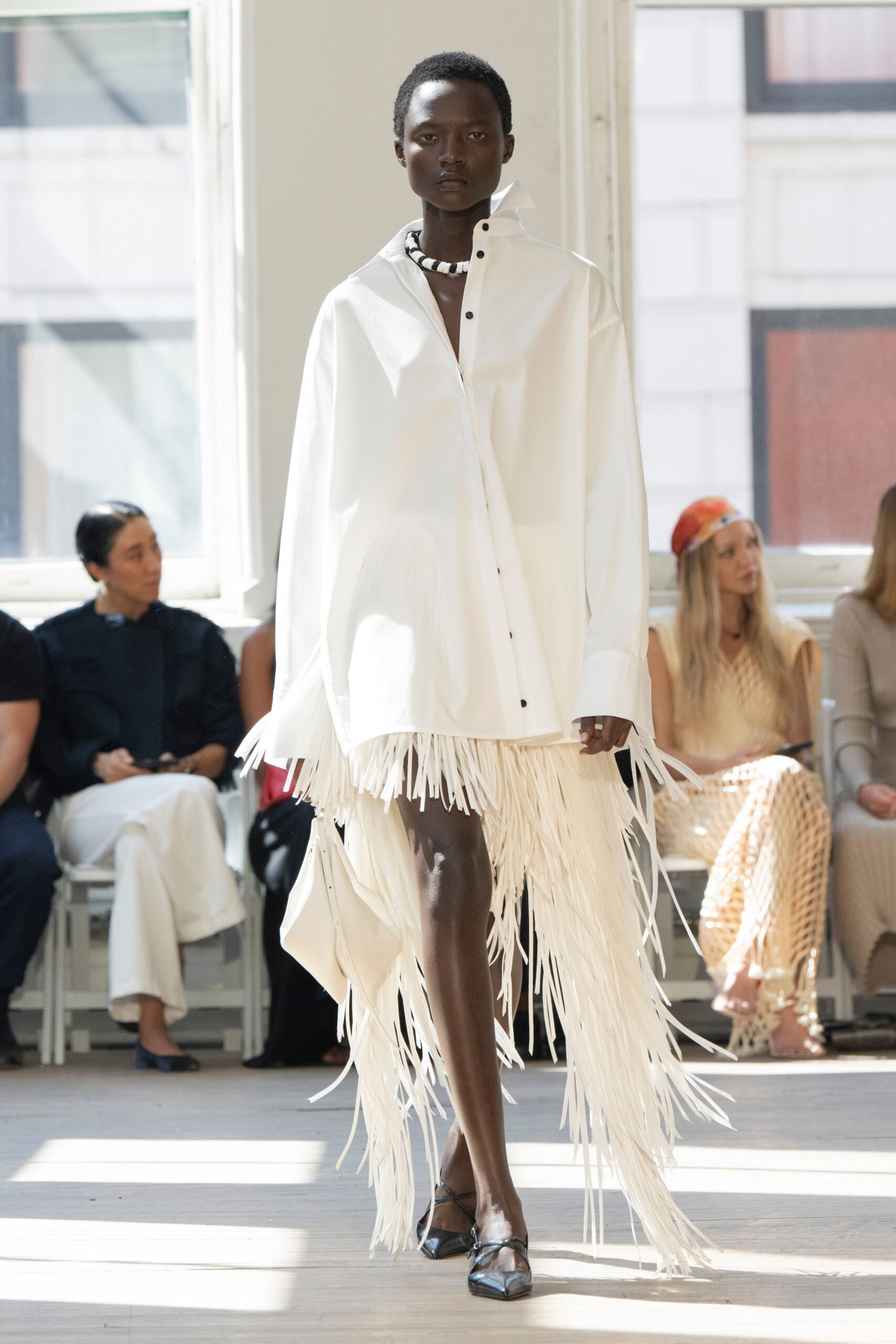 white cotton long-sleeve collared relaxed fringed short shirt