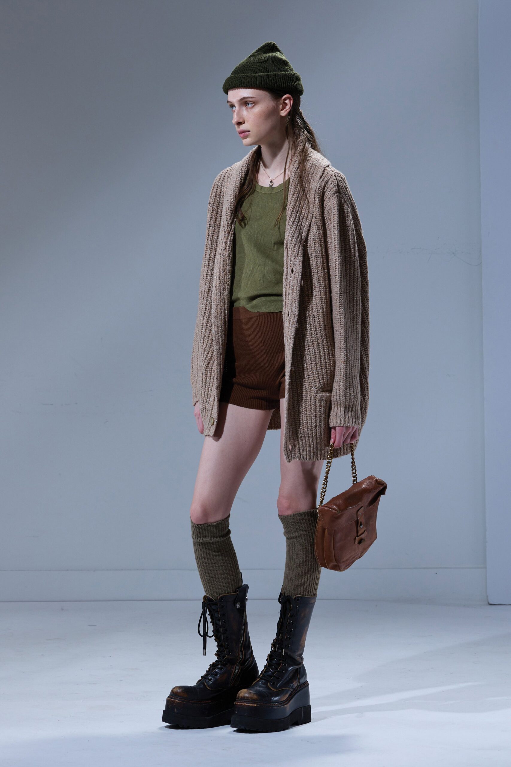 beige knit long-sleeve relaxed ribbed cardigan