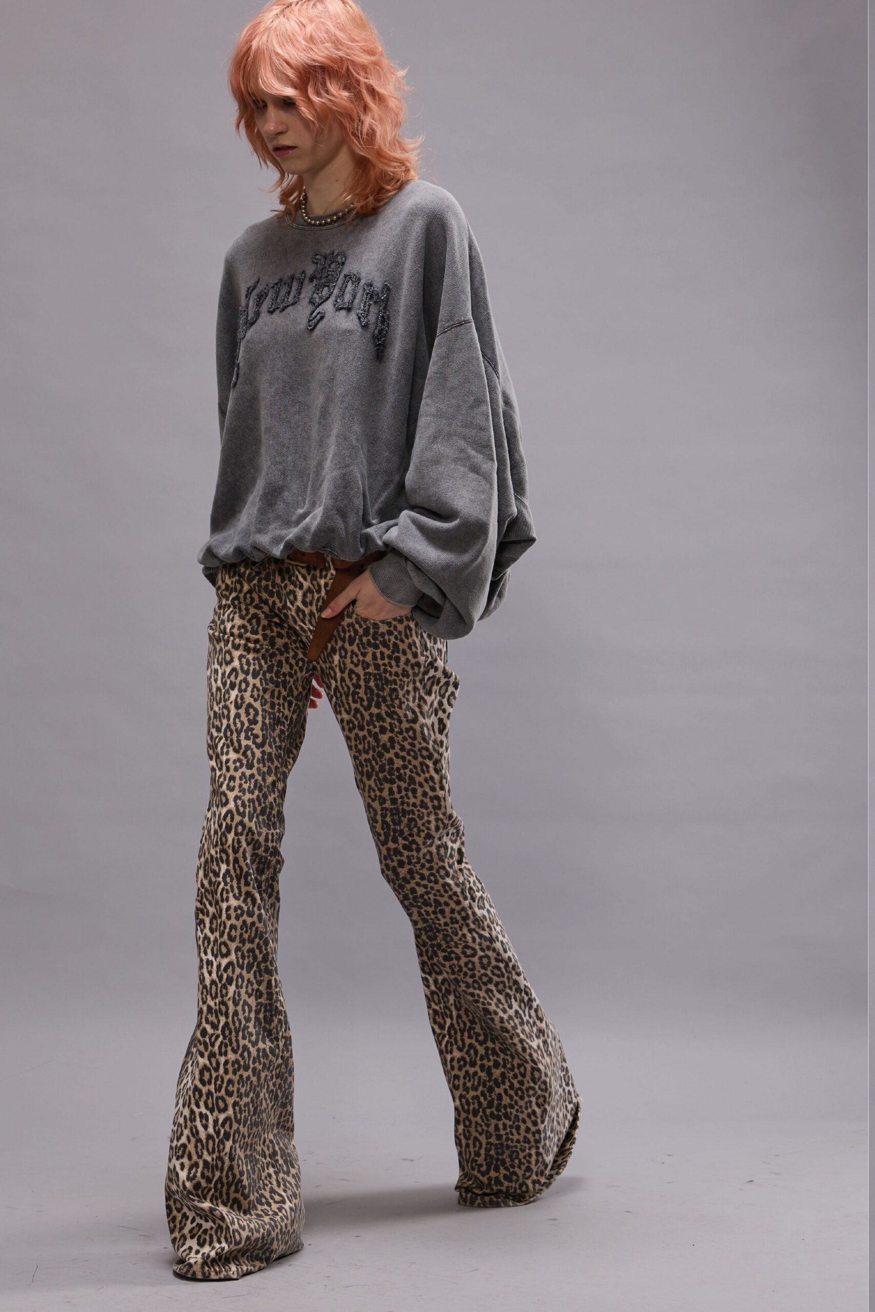 brown cotton fitted flared animal-print pants