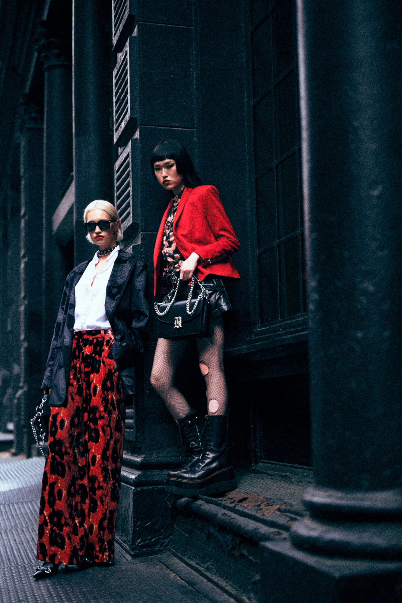 red cotton fitted animal-print midi skirt