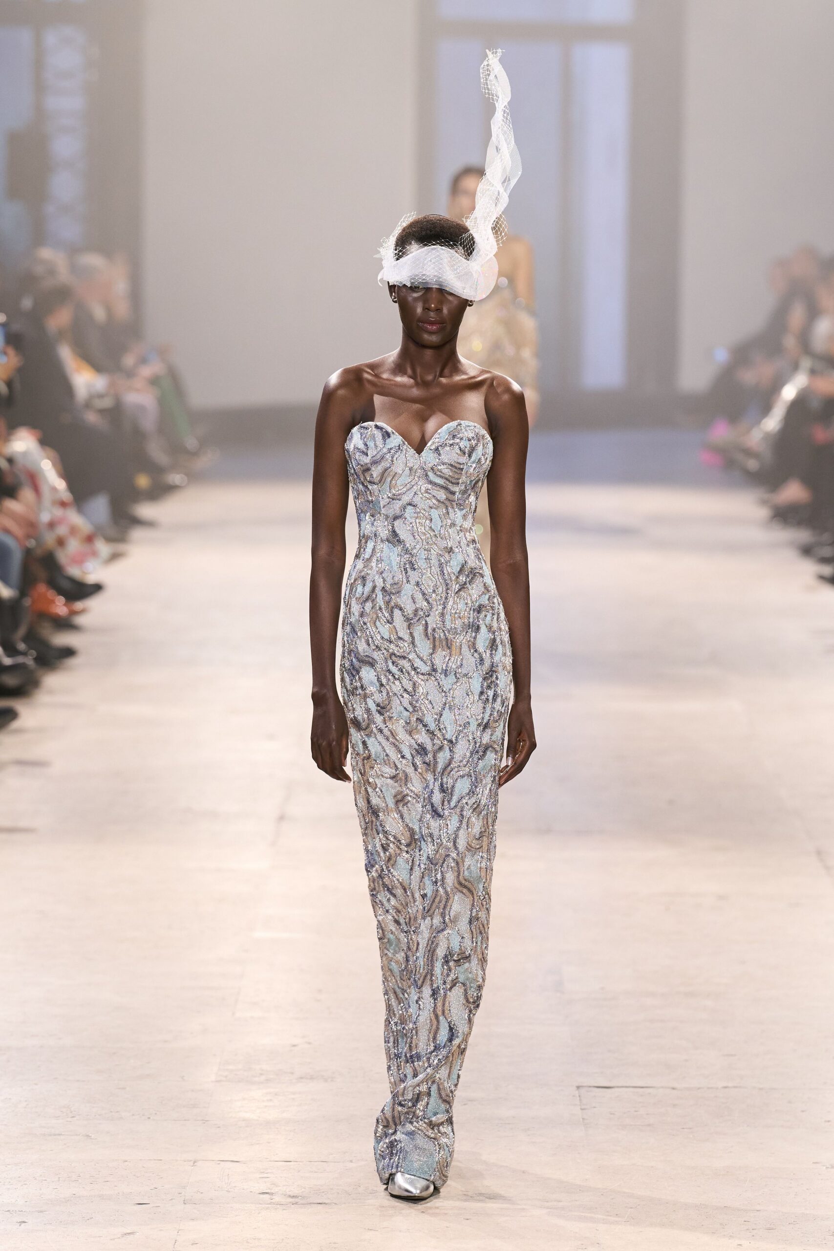 blue embroidered strapless gown with hat