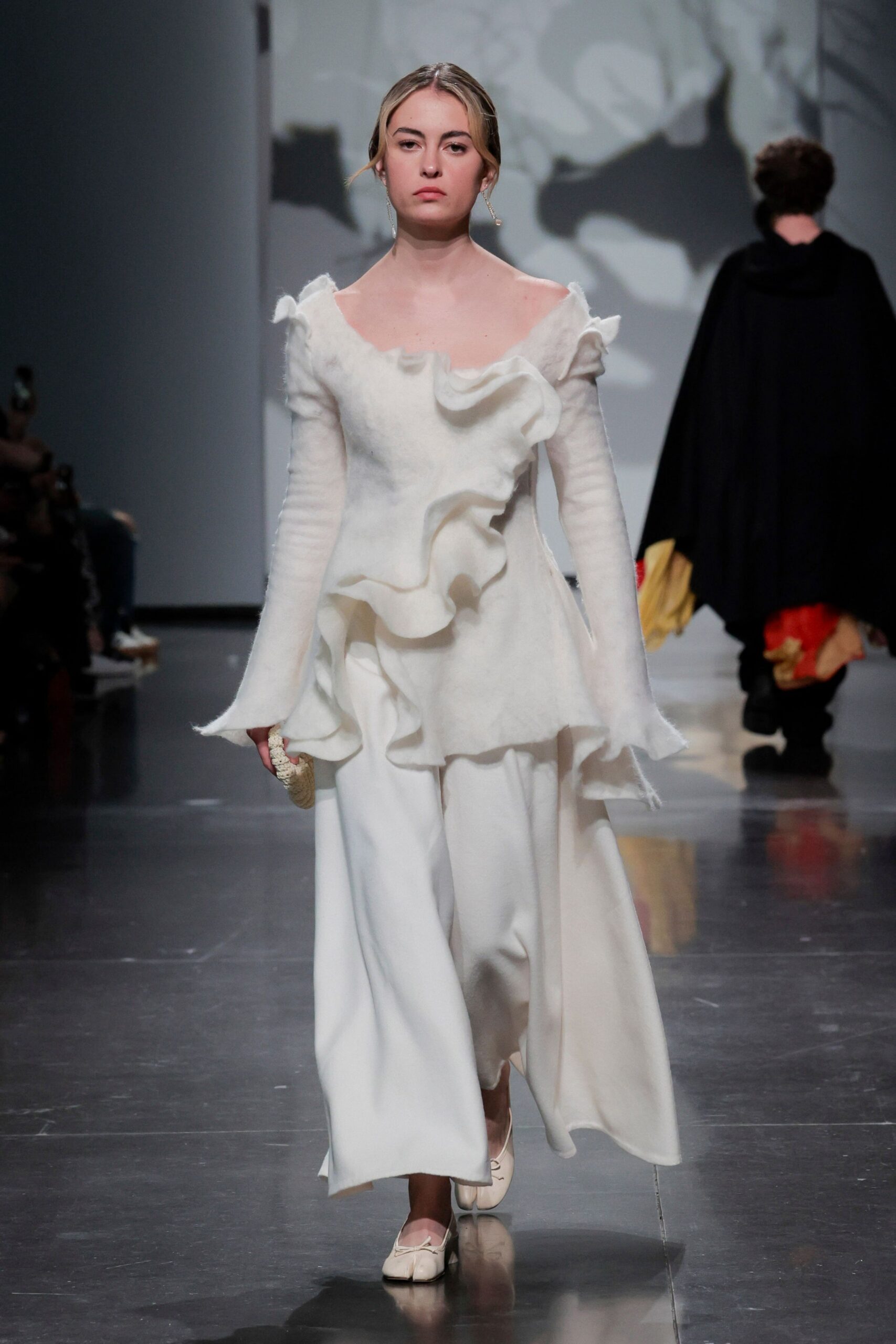 white wool long-sleeve off-shoulder fitted ruffled draped dress