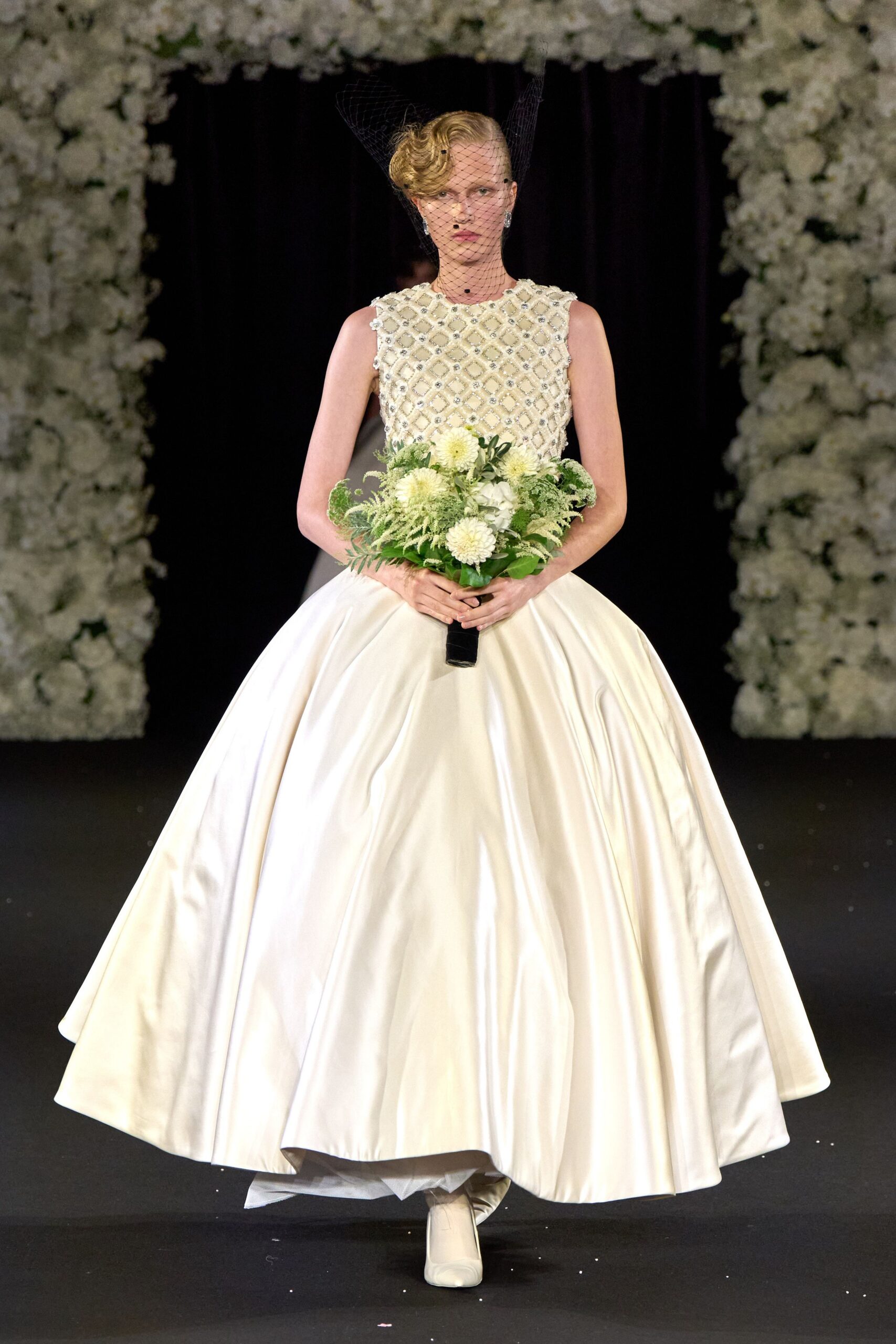 white silk sleeveless high-neck fitted pleated embellished gown