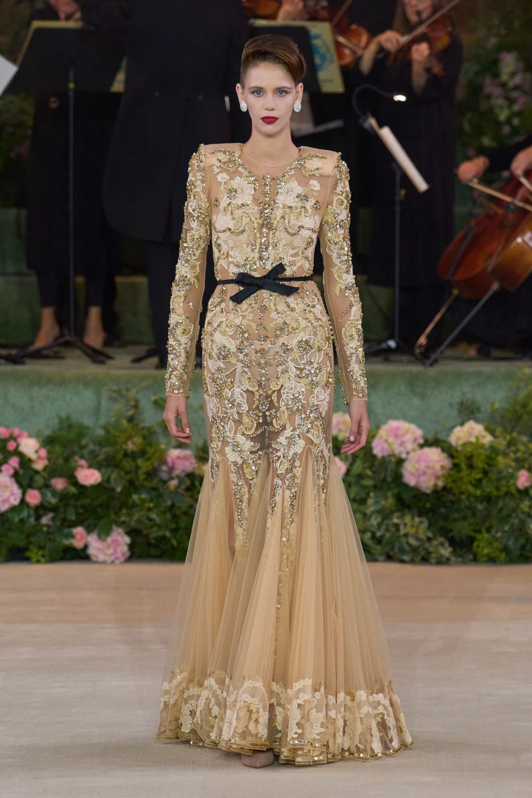 beige gold embroidered gown