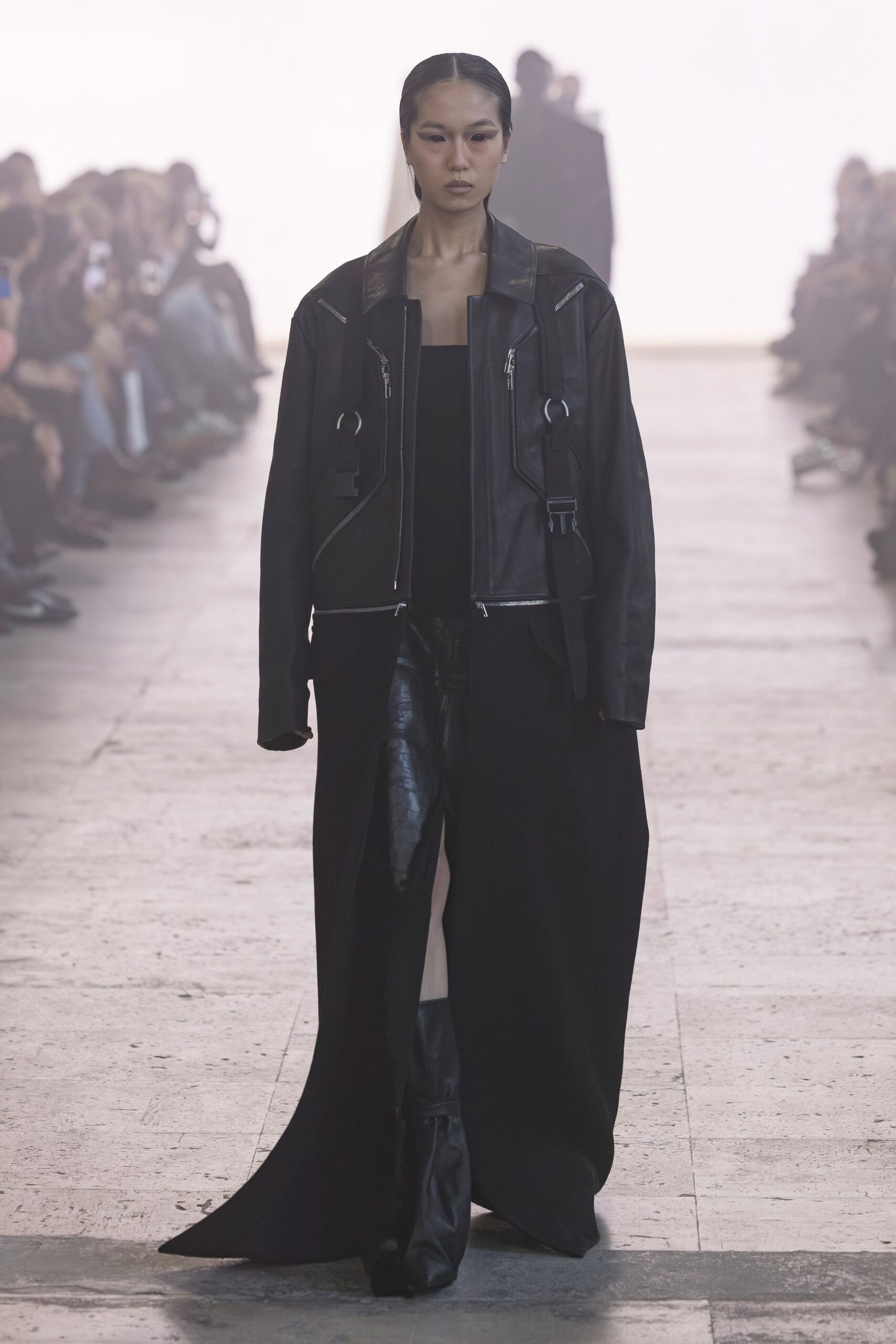 black leather long-sleeve collared oversized zippered maxi coat