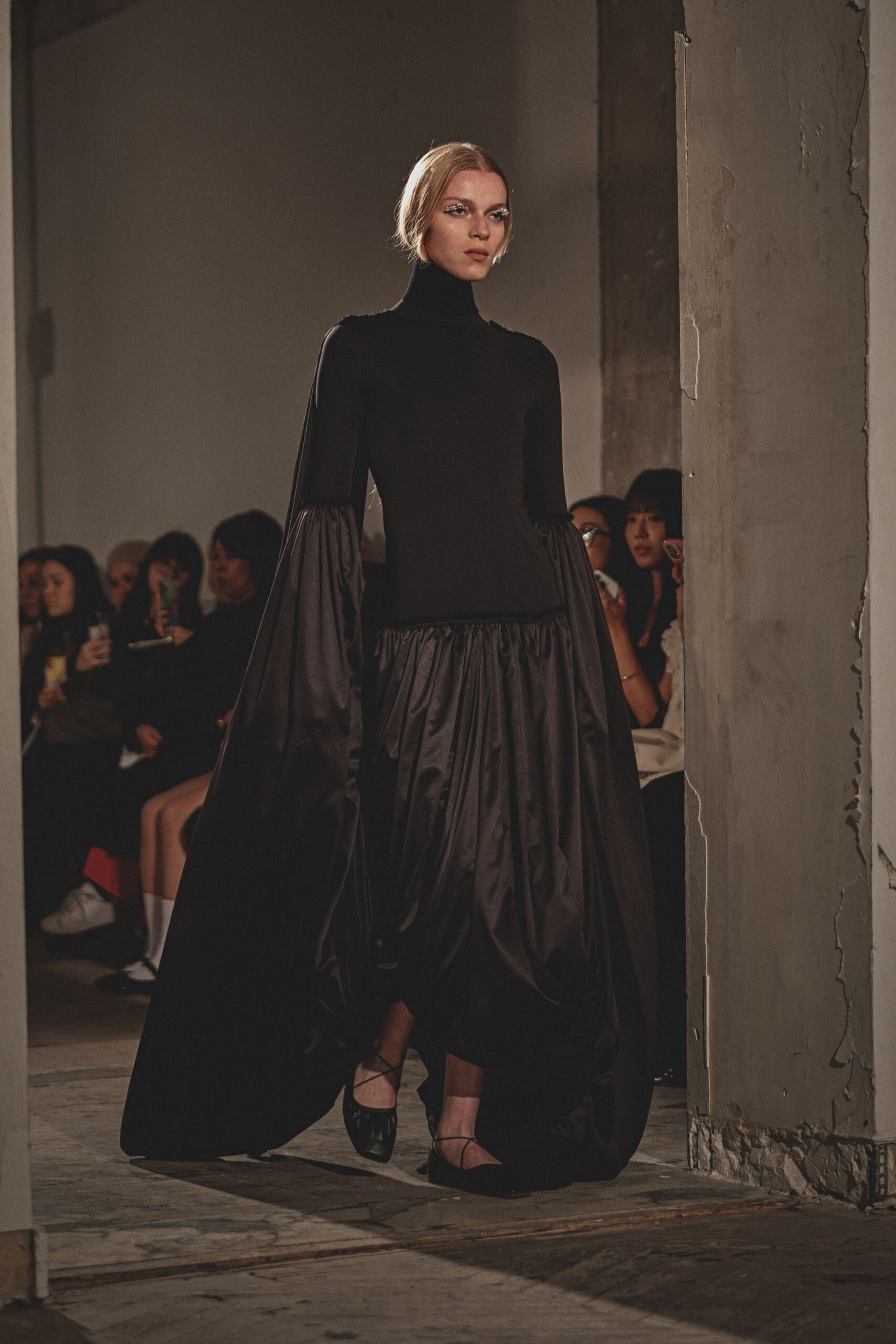 black silk long-sleeve high-neck fitted draped maxi dress