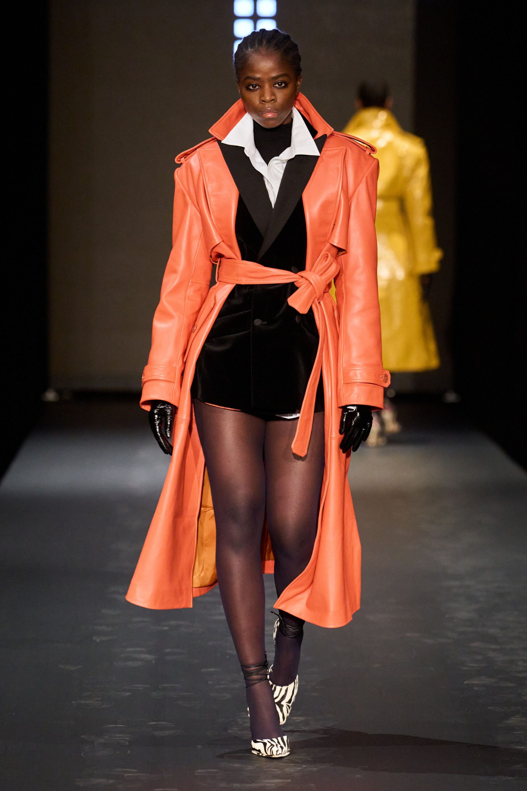 orange leather long-sleeve collared fitted belted coat