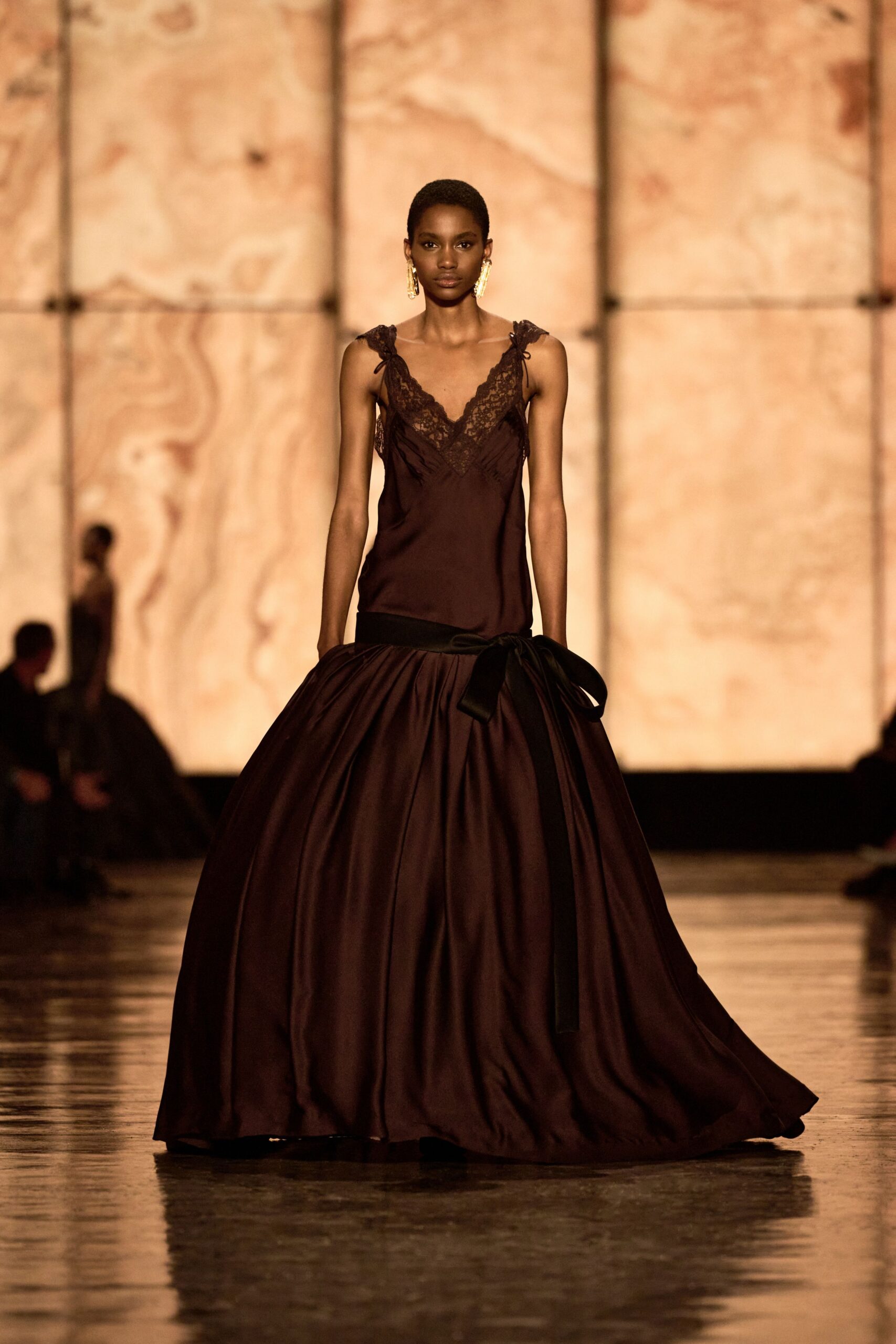 brown silk sleeveless gown