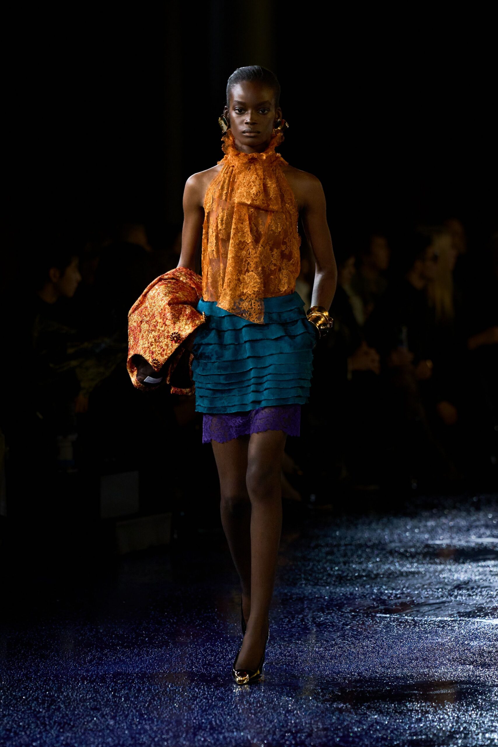 orange silk sleeveless high-neck fitted ruffled top