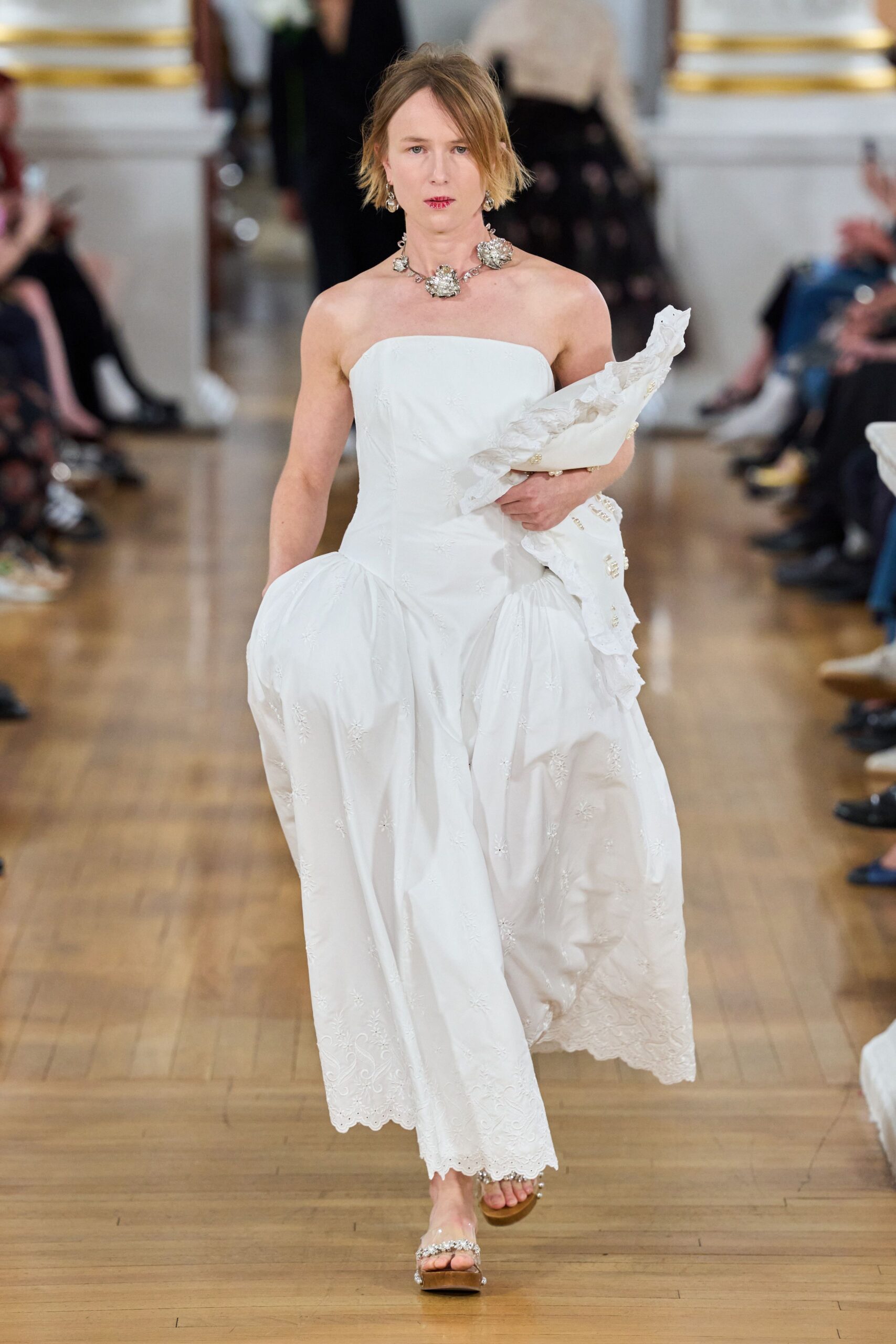 white cotton strapless fitted pleated maxi gown