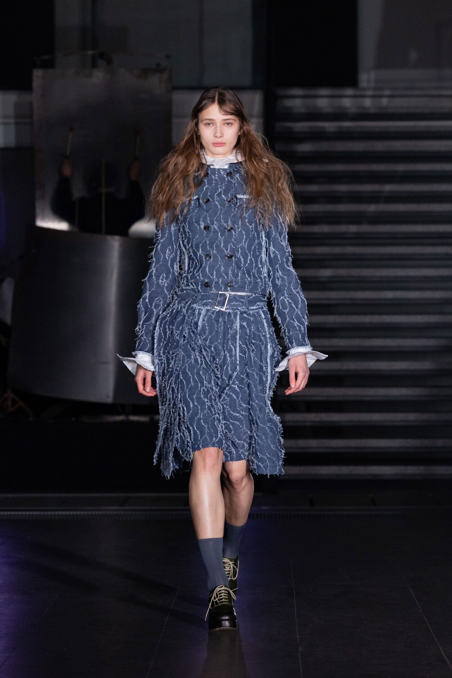 blue fringed midi dress with black shoes