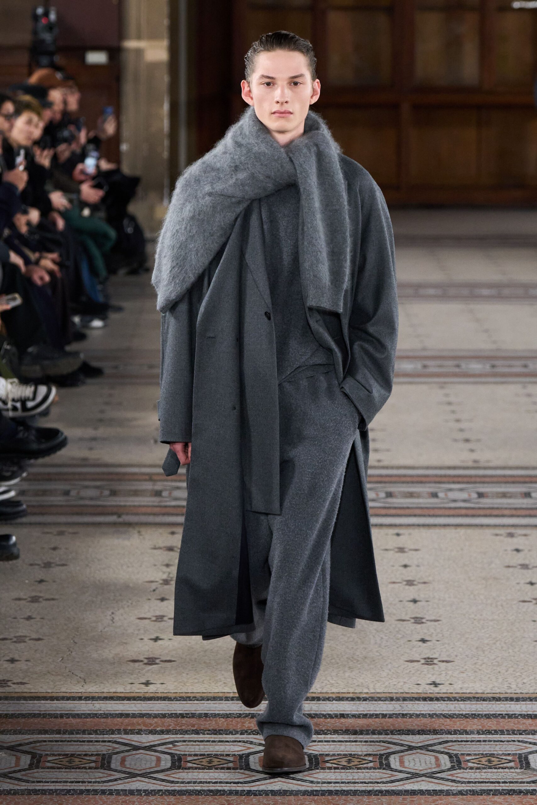 gray wool coat and sweater