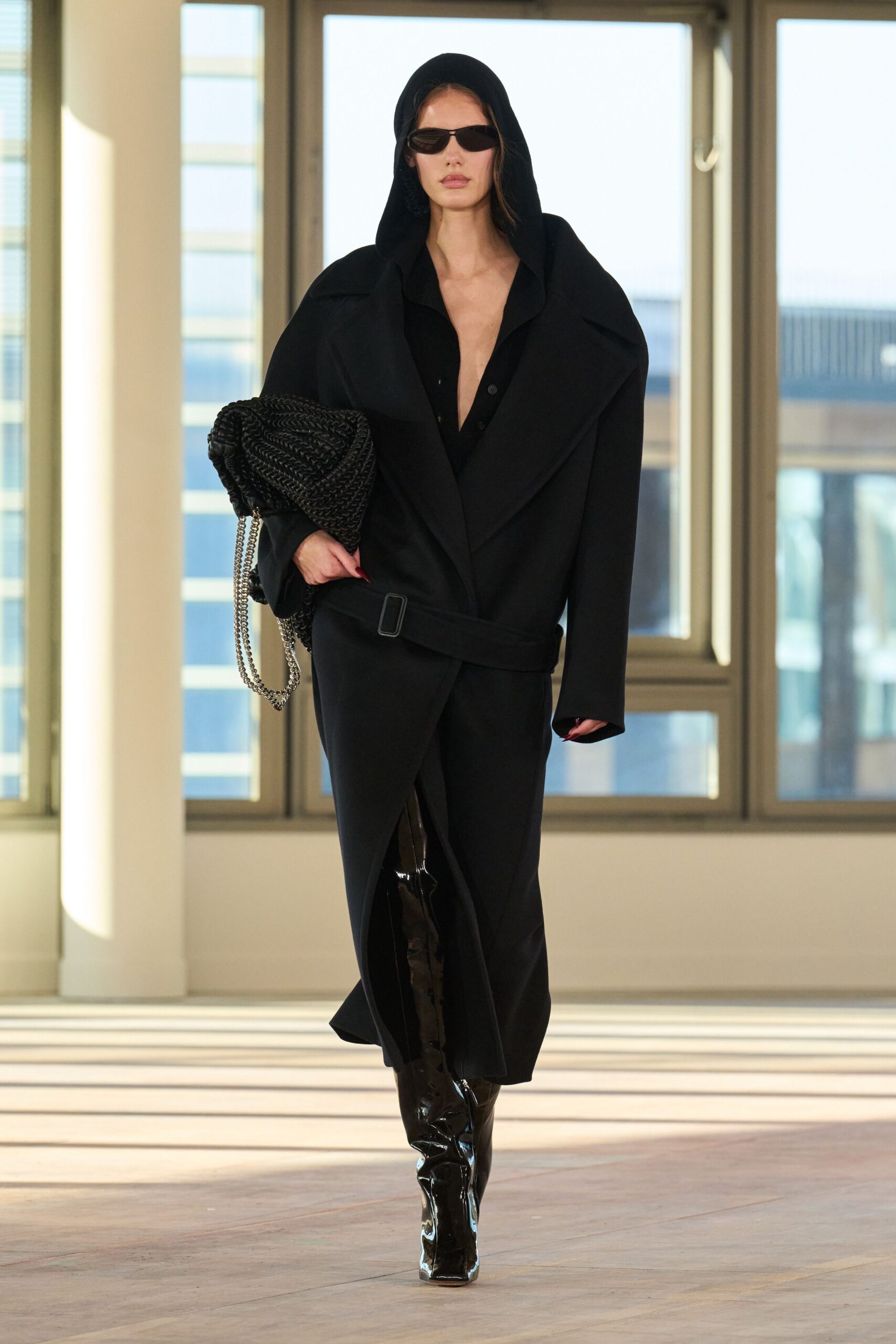 black vinyl fitted straight-leg shiny pants