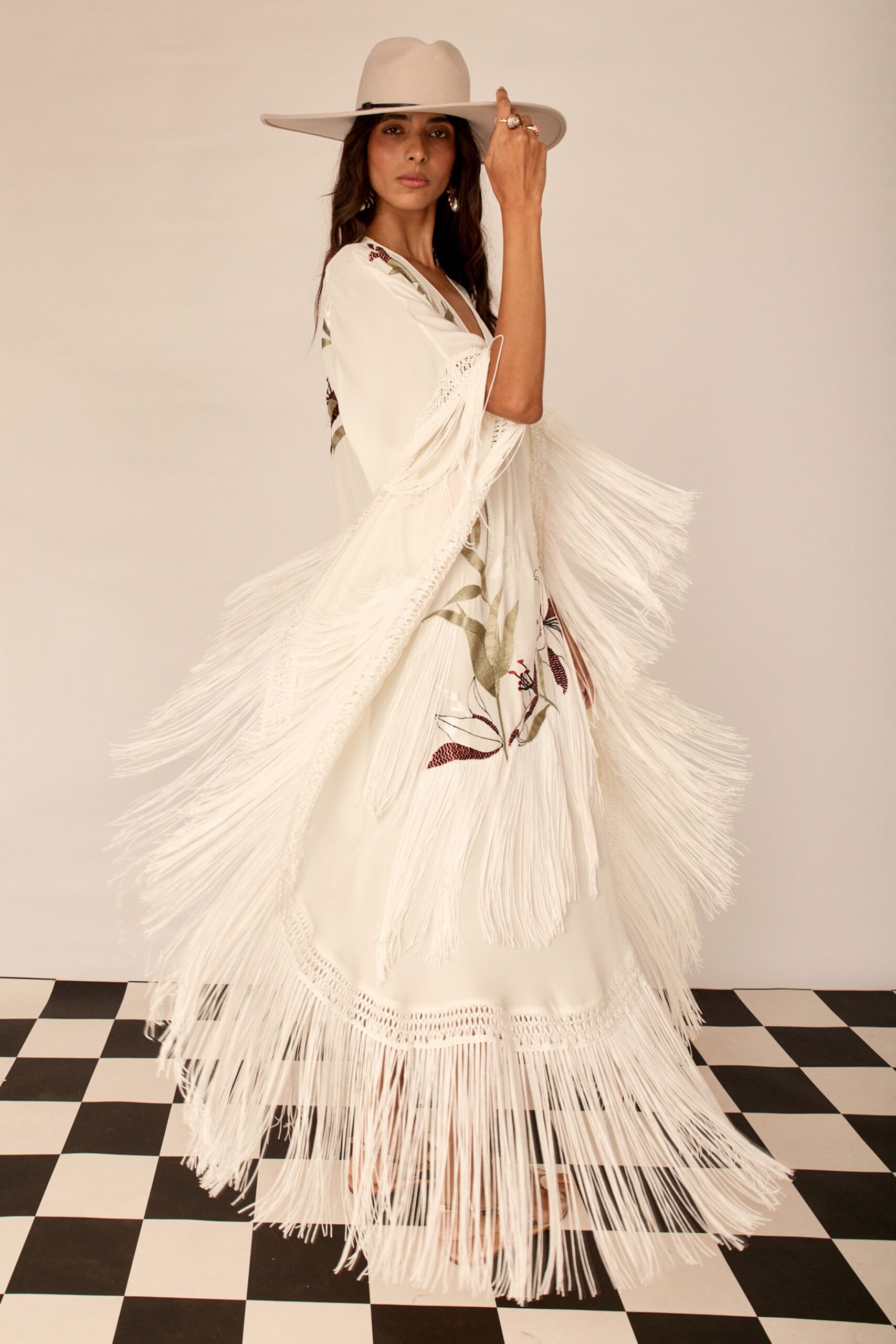 white cotton sleeveless v-neck relaxed fringed embroidered dress