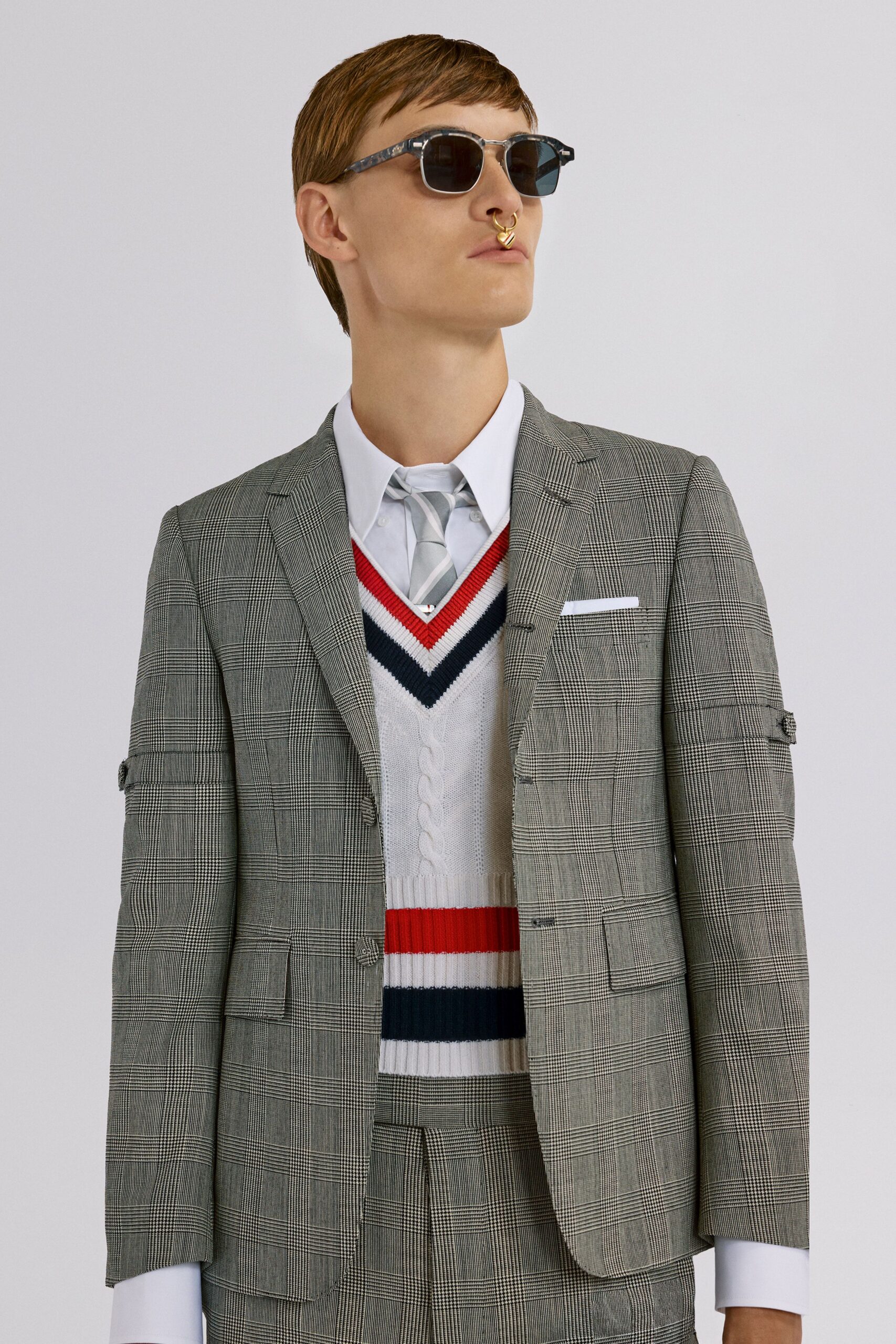 gray tailored blazer with sweater