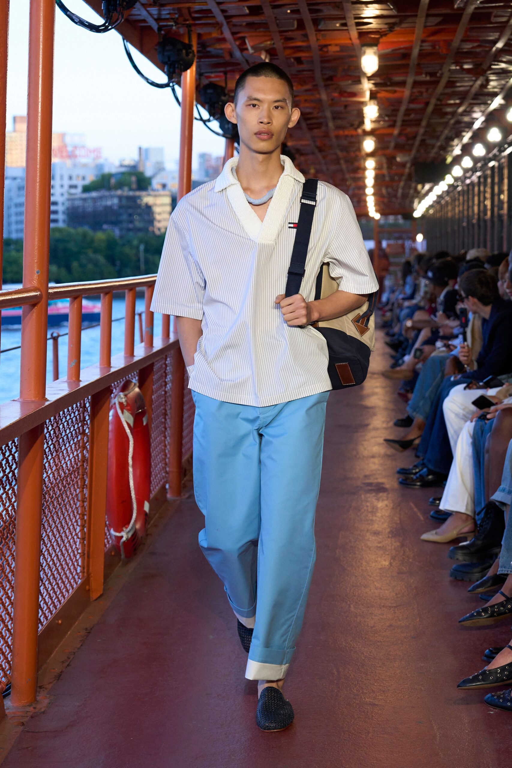 blue cotton relaxed high-waisted straight-leg pants